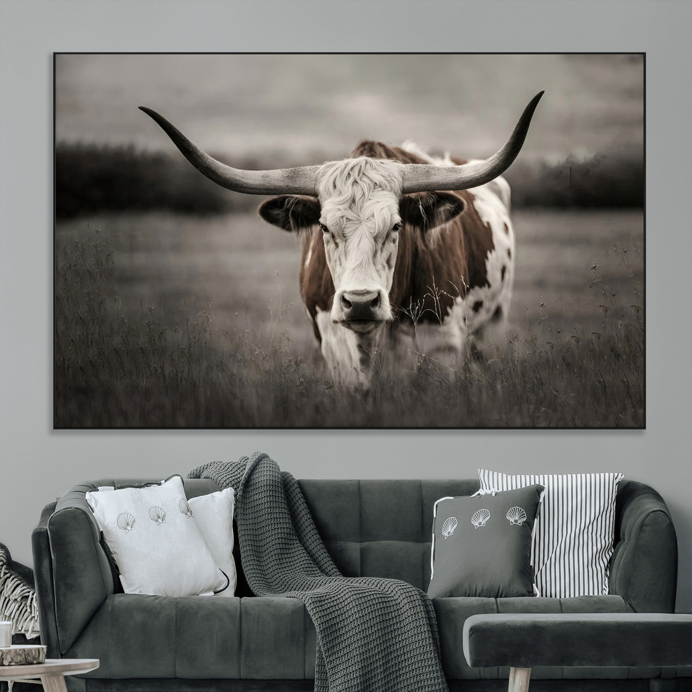 SEG-FC-51X34_Oversize - Texas Longhorn Cow Canvas Wall Art Print - Large Rustic Longhorn Art for Living Room, Western Wall