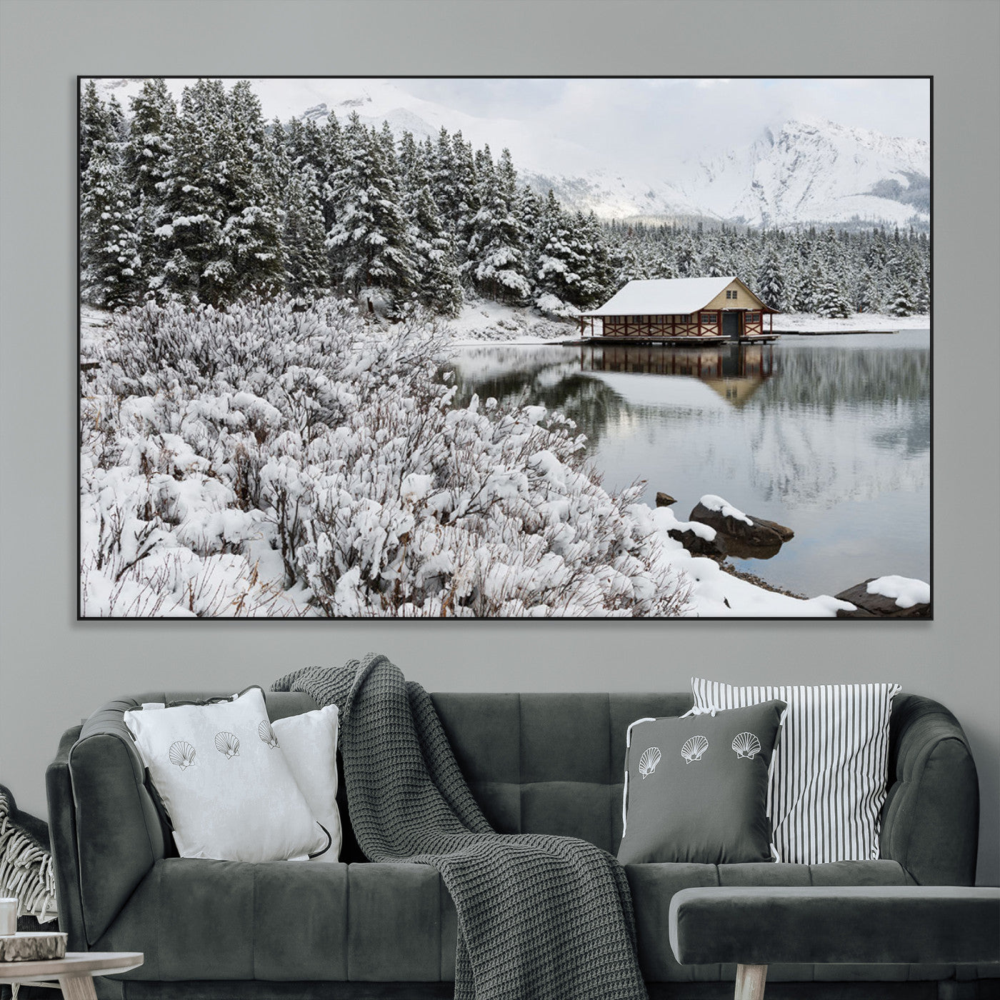 SEG-FC-51X34_Oversize - Winter Wall Art - Cabin by the Lake Canvas Wall Art - Serene Snowy Landscape with Mountain View,