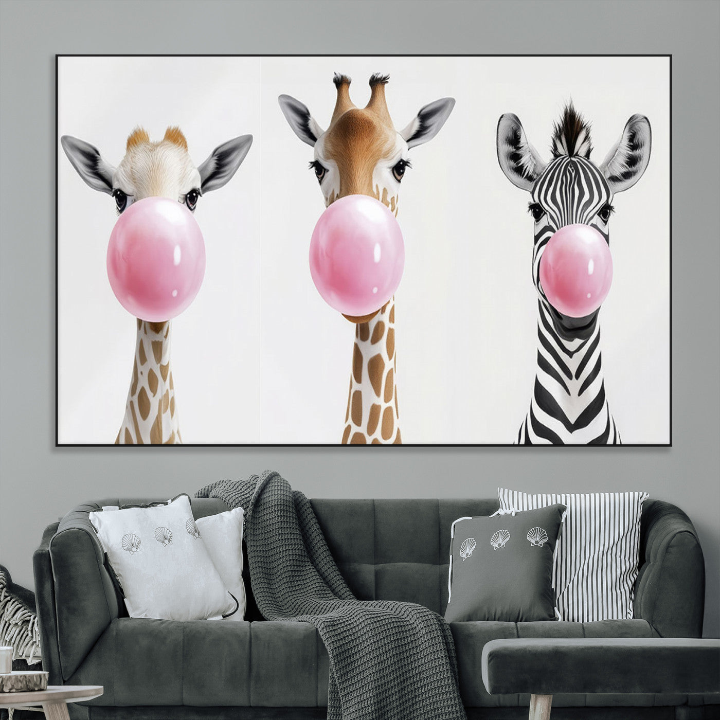 SEG-FC-51X34_Oversize - Bubblegum Animals Canvas Wall Art - Playful Giraffe and Zebra Trio, Fun Nursery Decor for Kids'