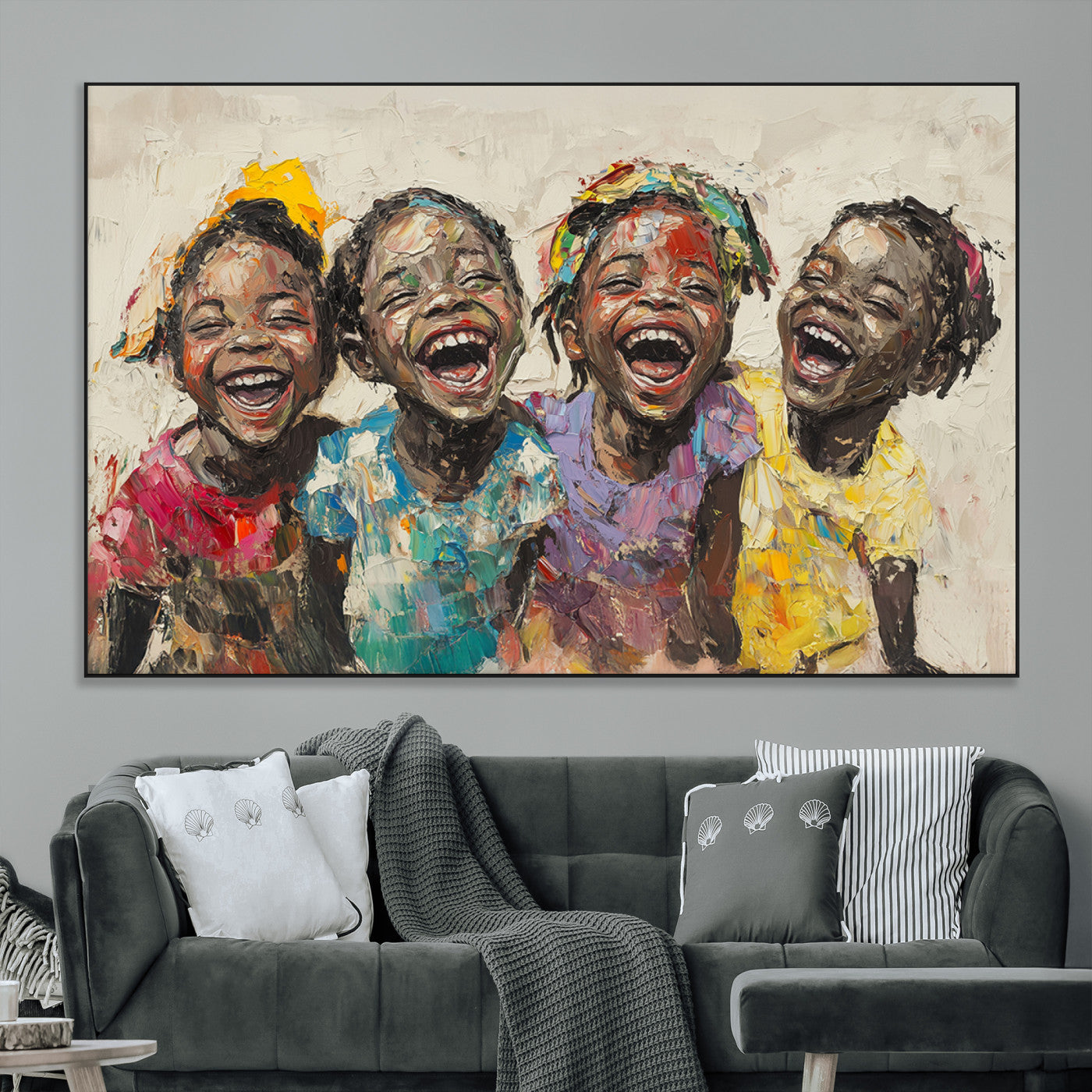 SEG-FC-51X34_Oversize - Shai Yossef style Joyful Childhood Canvas Wall Art - Expressive Impasto Painting of Black Children