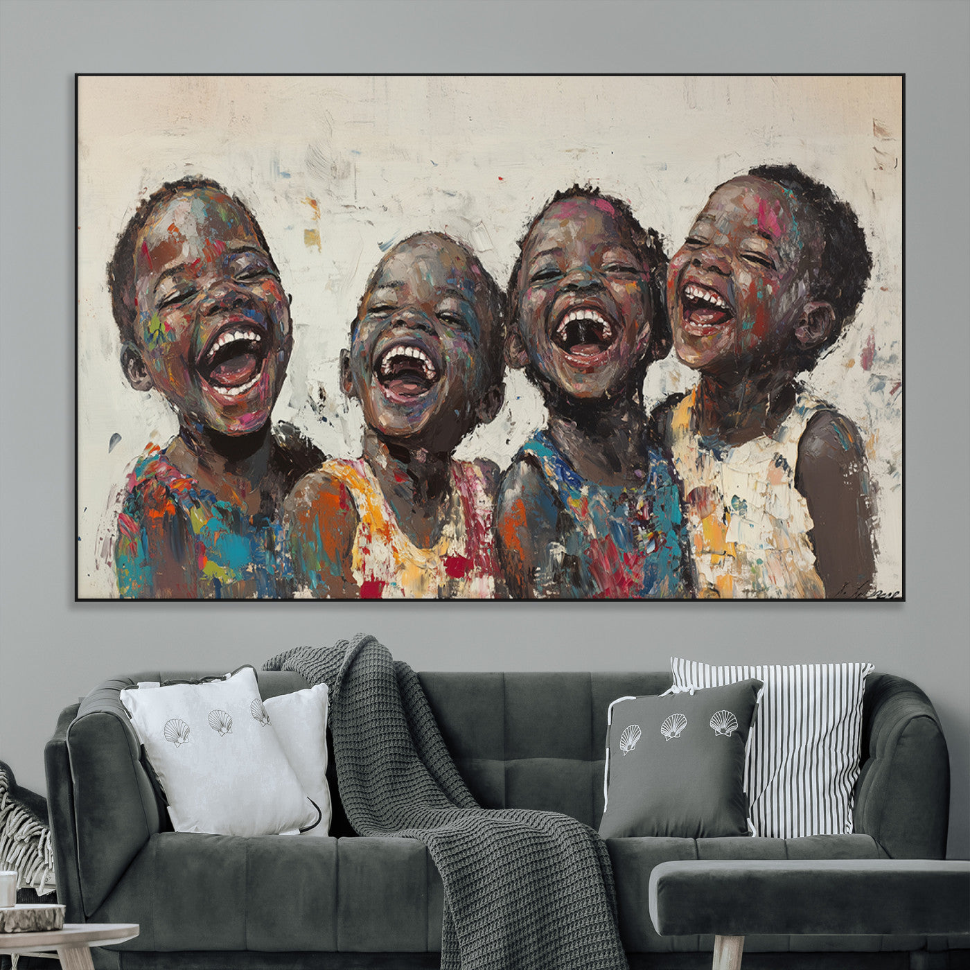 85256-MGV-CV-36X24-Shai Yossef Print - Joyful Childhood Canvas Wall Art - Expressive Impasto Painting of Laughing