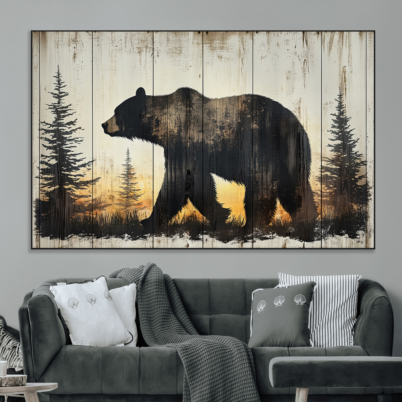 83875-MGV-CV-36X24-Vintage Bear Wall Art Canvas Print for Farmhouse - Mountain Wood Canvas Wall Art - Forest Silhouette