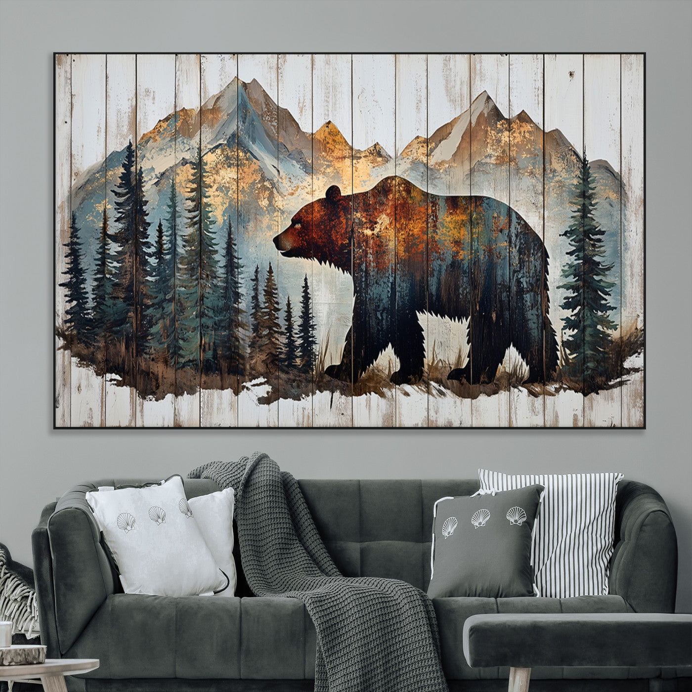 55777-MGV-CV-36X24-Rustic Grizzly 399 Bear and Mountain Wood Canvas Wall Art - Framed Nature Artwork with Forest