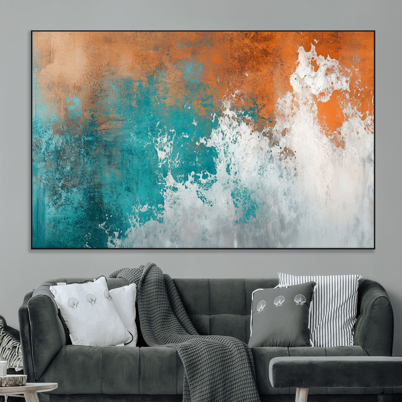 SEG-FC-51X34_Oversize - Vintage Abstract Print - Bold Teal and Orange Canvas Wall Art - Retro-Vintage Abstract Orange Canvas