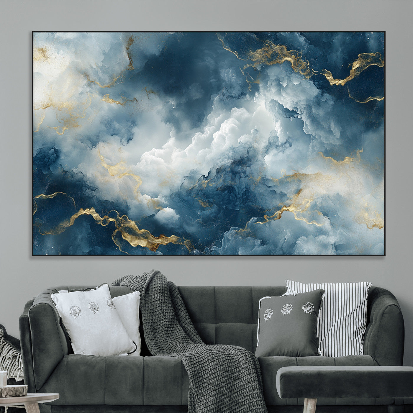SEG-FC-51X34_Oversize - Large Abstract Print - Luxe Blue and Gold Abstract Canvas Wall Art - Bold Cloudscape Canvas for