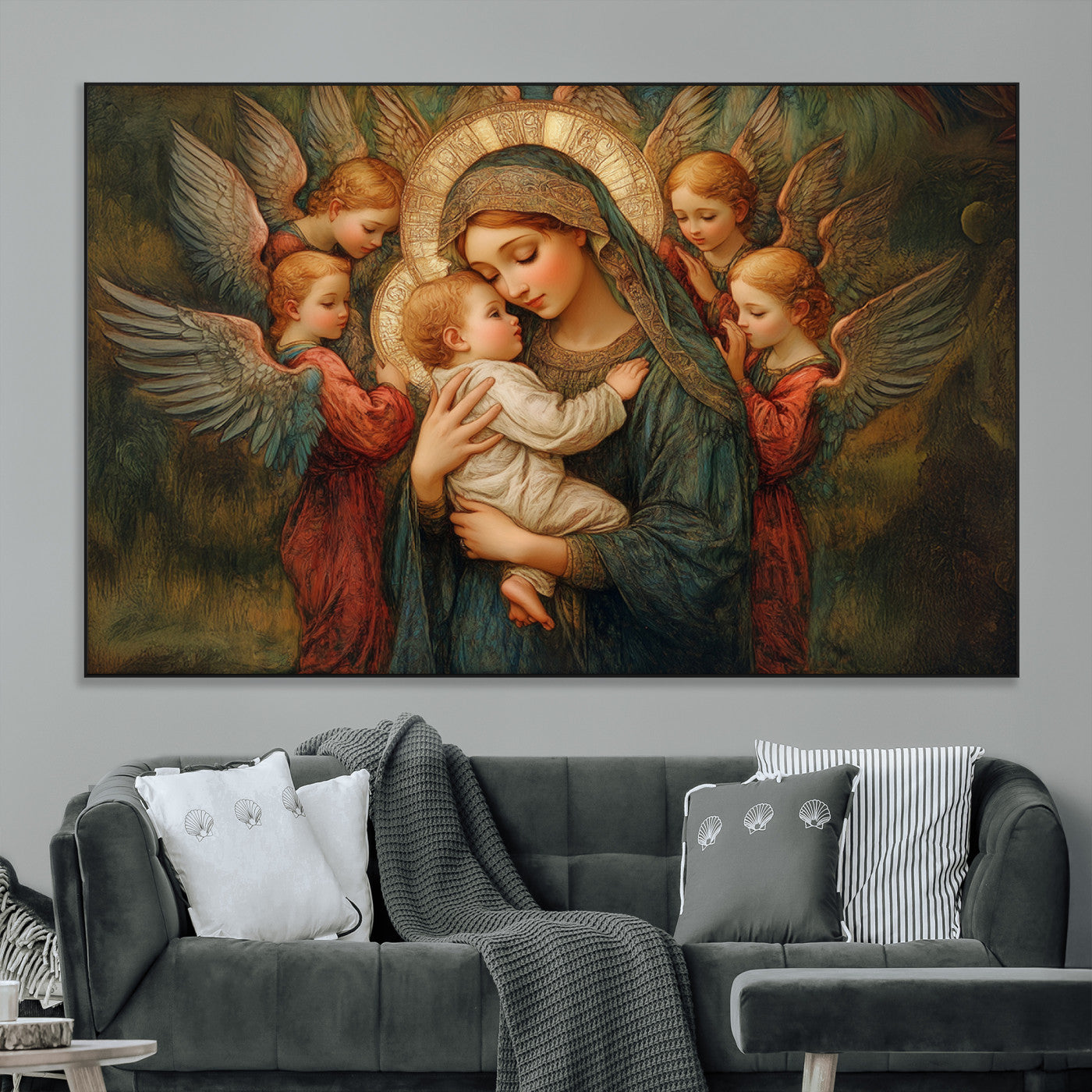 SEG-FC-51X34_Oversize - Mary Jesus Canvas Wall Art Print - Madonna and Child with Angels Art Print - Classic Christian