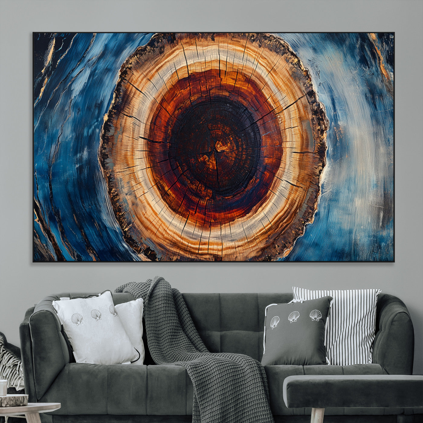 SEG-FC-51X34_Oversize - Framed Abstract Tree Ring Wall Art Print, Natural Rustic Wood Texture Canvas Print, Wood Tree Stump