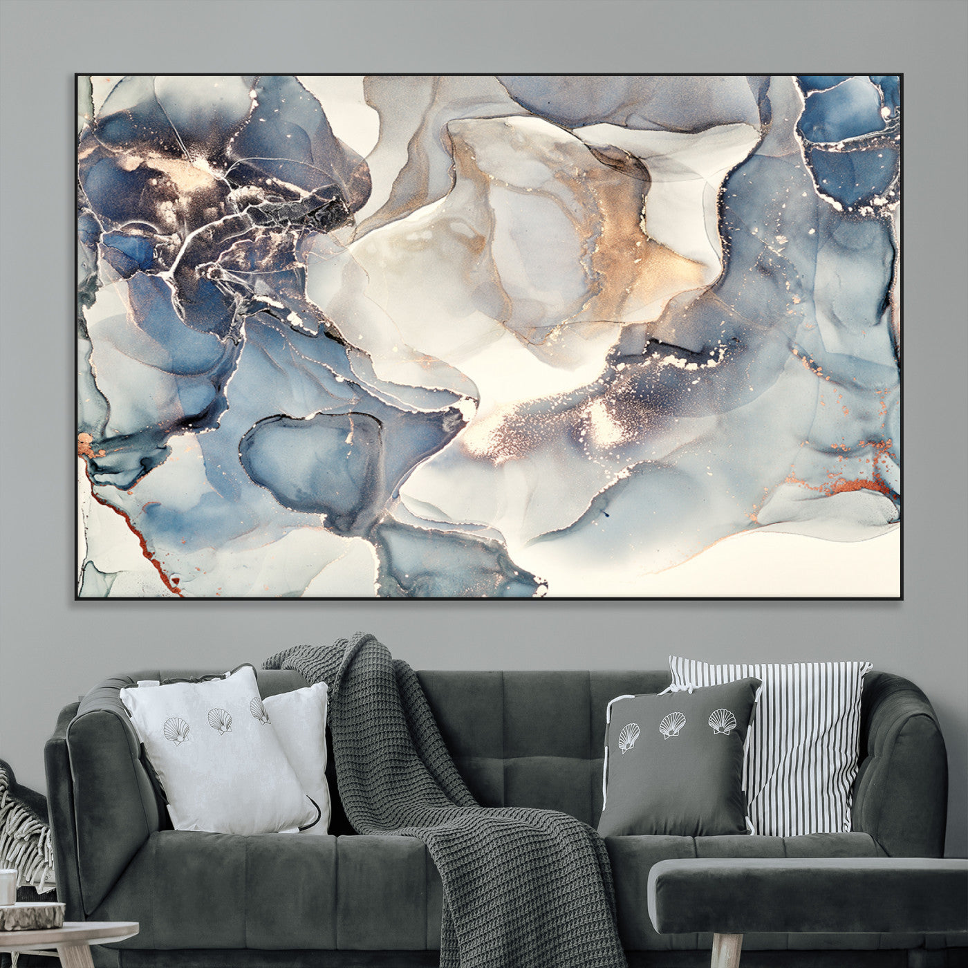 SEG-FC-51X34_Oversize - Abstract Blue and Gold Canvas Wall Art - Fluid Modern Ink Artwork - Modern Luxury Wall Decor for