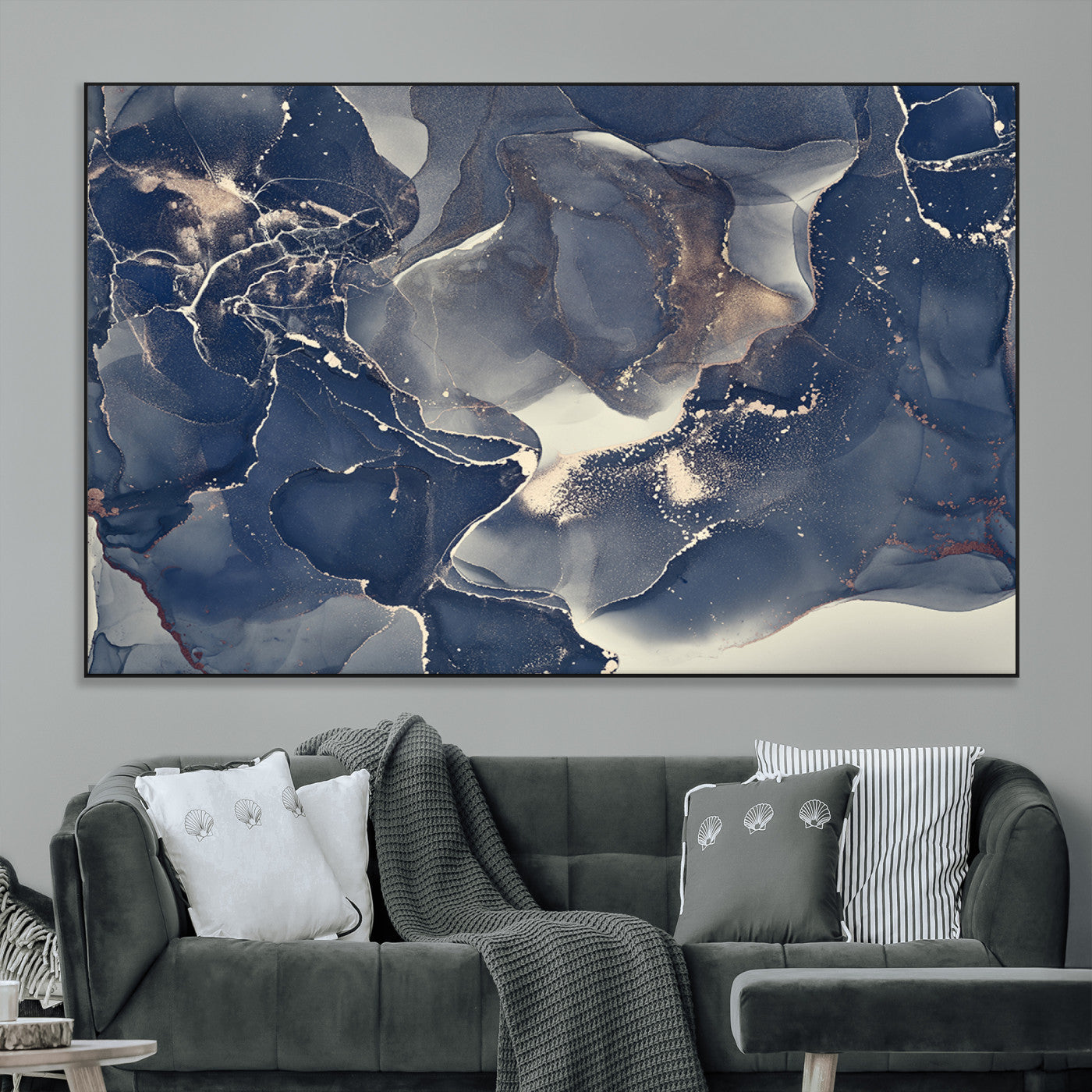 SEG-FC-51X34_Oversize - Large Abstract Blue and Gold Canvas Wall Art | Fluid Ink Artwork Print | Luxury Wall Decor for