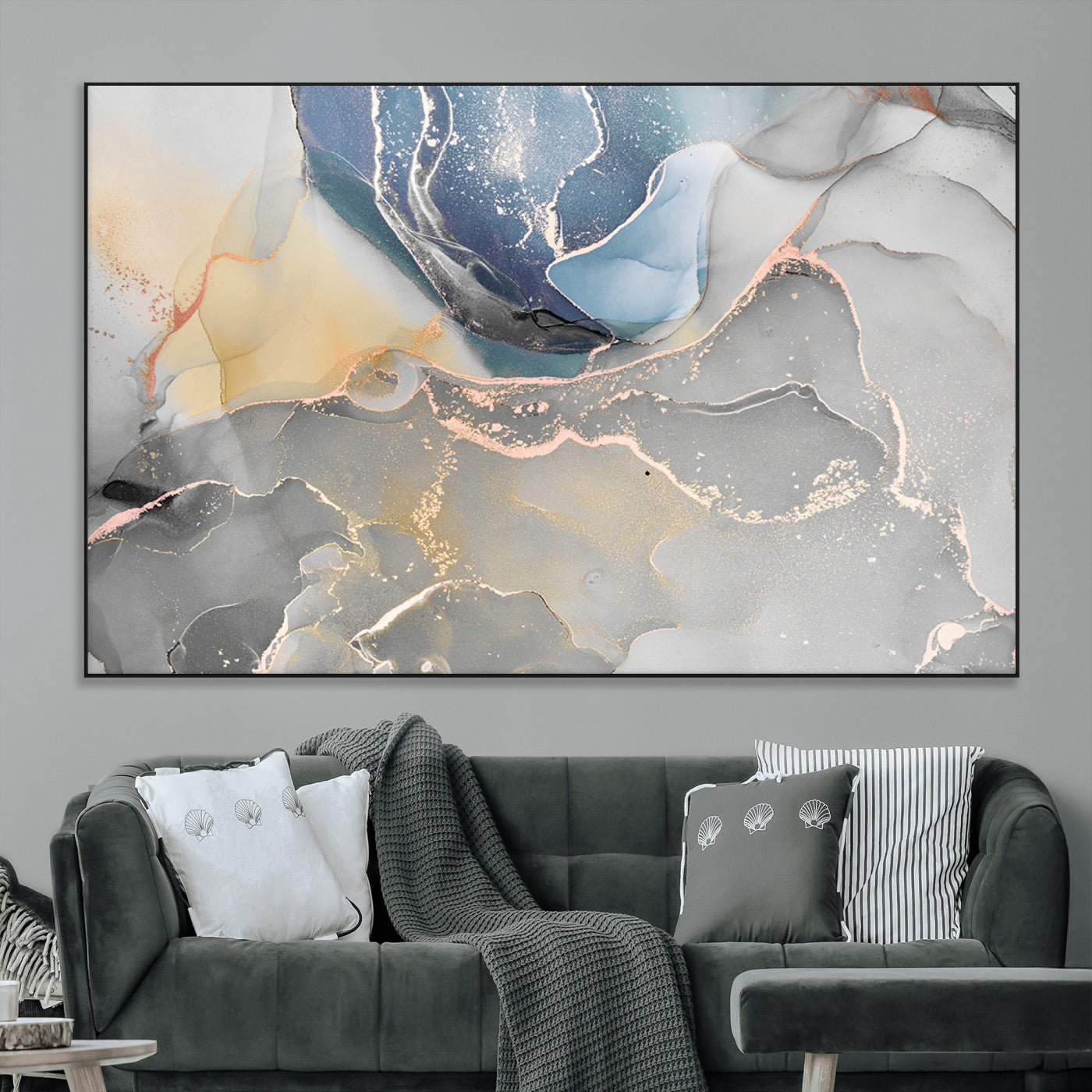 SEG-FC-51X34_Oversize - Large Abstract Blue and Gold Canvas Wall Art | Fluid Ink Artwork Print | Luxury Wall Decor for