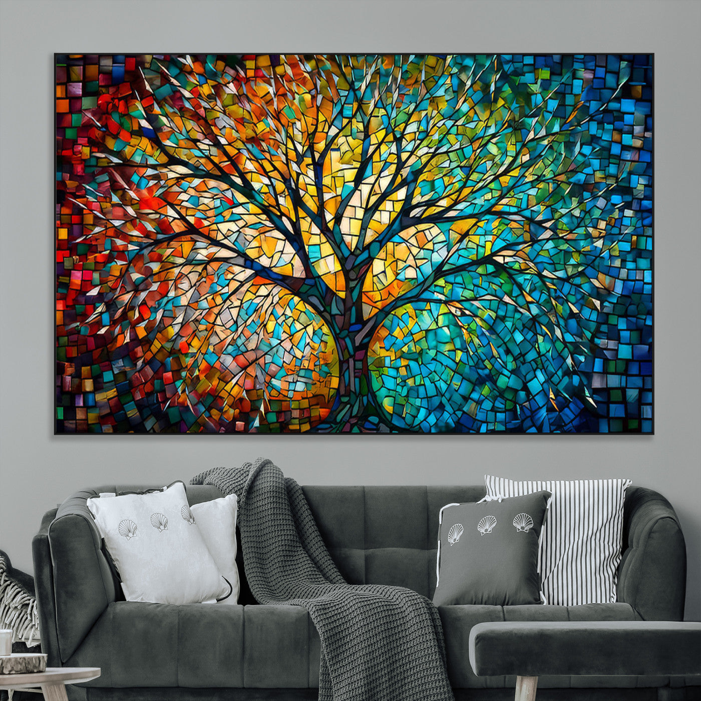 99325-MGV-CV-36X24-Yggdrasil Tree of Life Wall Art Print Canvas | Mosaic Style 3-Panel Canvas Print
