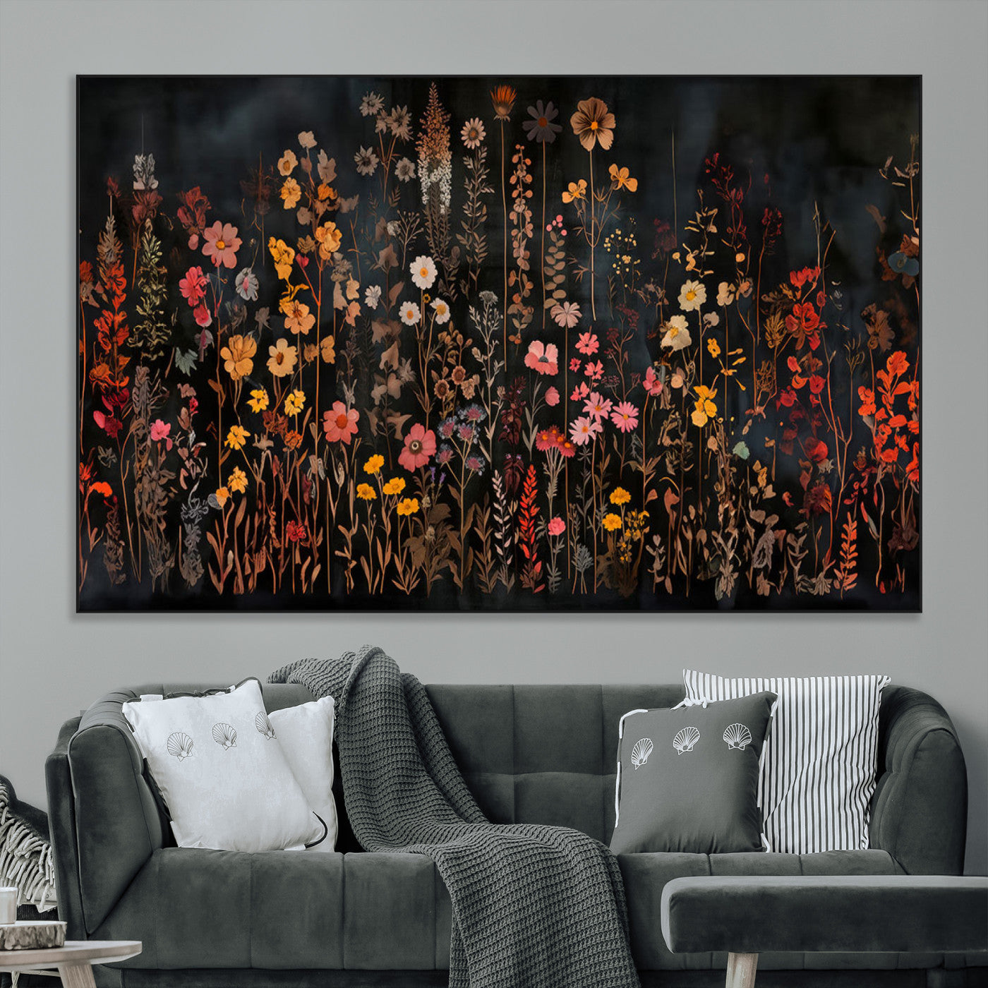 SEG-FC-51X34_Oversize - Dark Floral Canvas Wall Art - Moody Botanical Flower Print - Rustic Floral Wall Decor for Home -