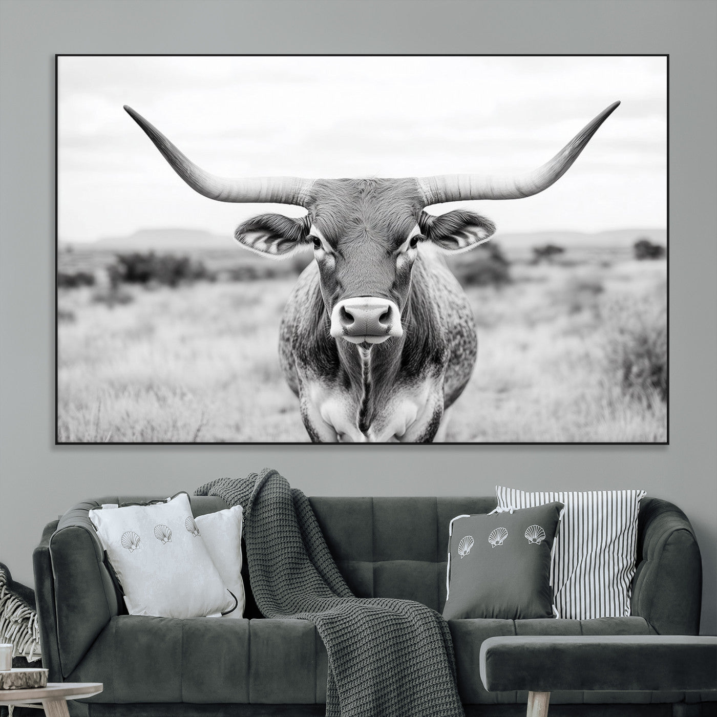 SEG-FC-51X34_Oversize - Highland Cow Wall Art Print - Black and White Texas Western Longhorn Canvas - Farmhouse Decor Print