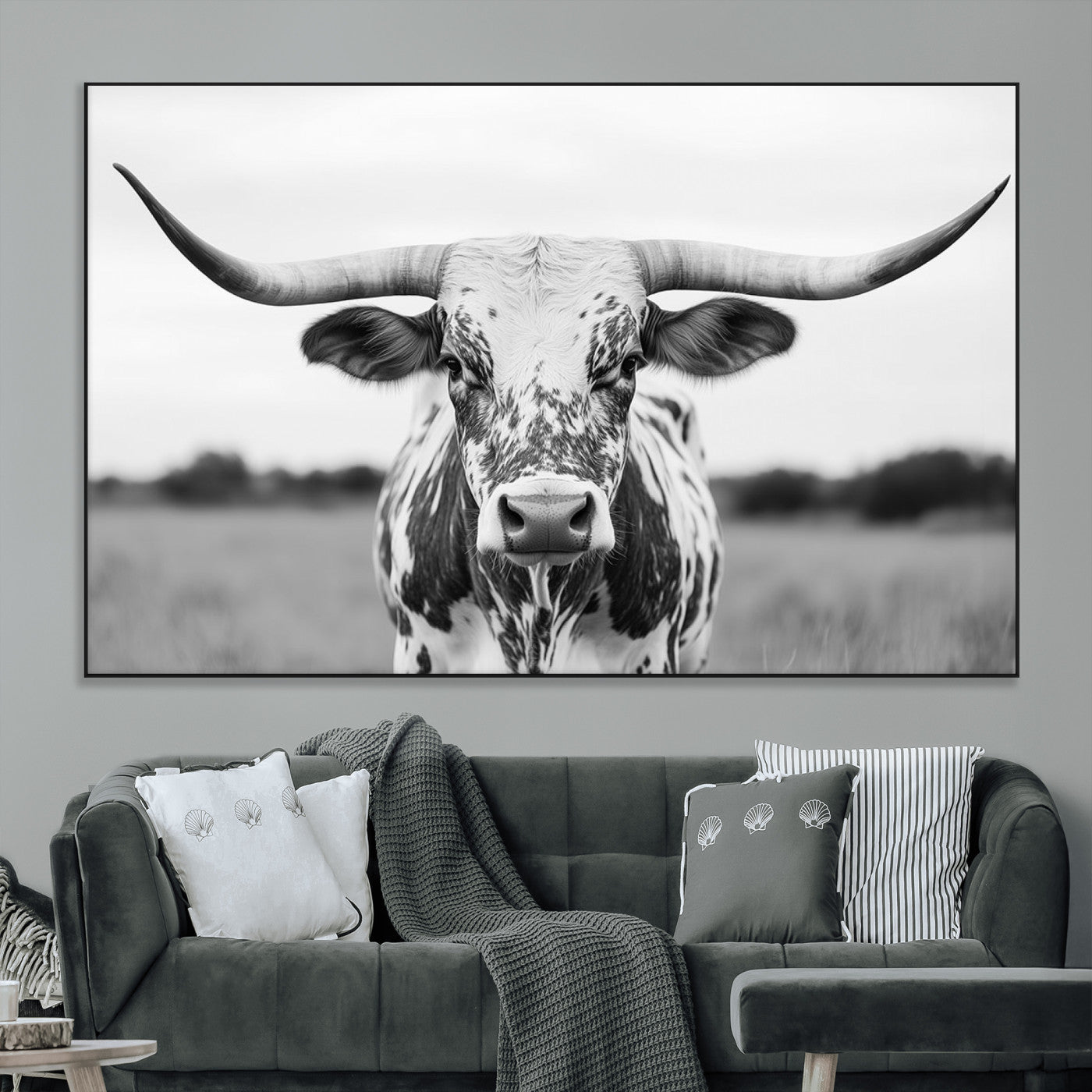 SEG-FC-51X34_Oversize - Highland Cow Wall Art - Black and White Western Longhorn Canvas Print - Farmhouse Living Room Decor