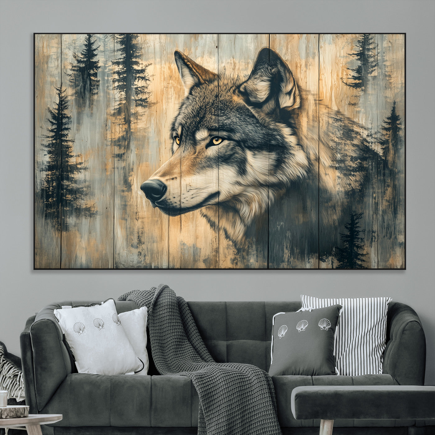 SEG-FC-51X34_Oversize - Wood Style Rustic Wolf Wall Art Canvas Print, Vintage Woodland Wolf Wall Art, Framed Wood Style Wolf