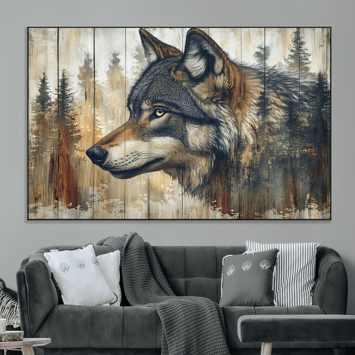 SEG-FC-51X34_Oversize - Rustic Wolf Wall Art Canvas Print, Vintage Woodland Wolf Wall Art