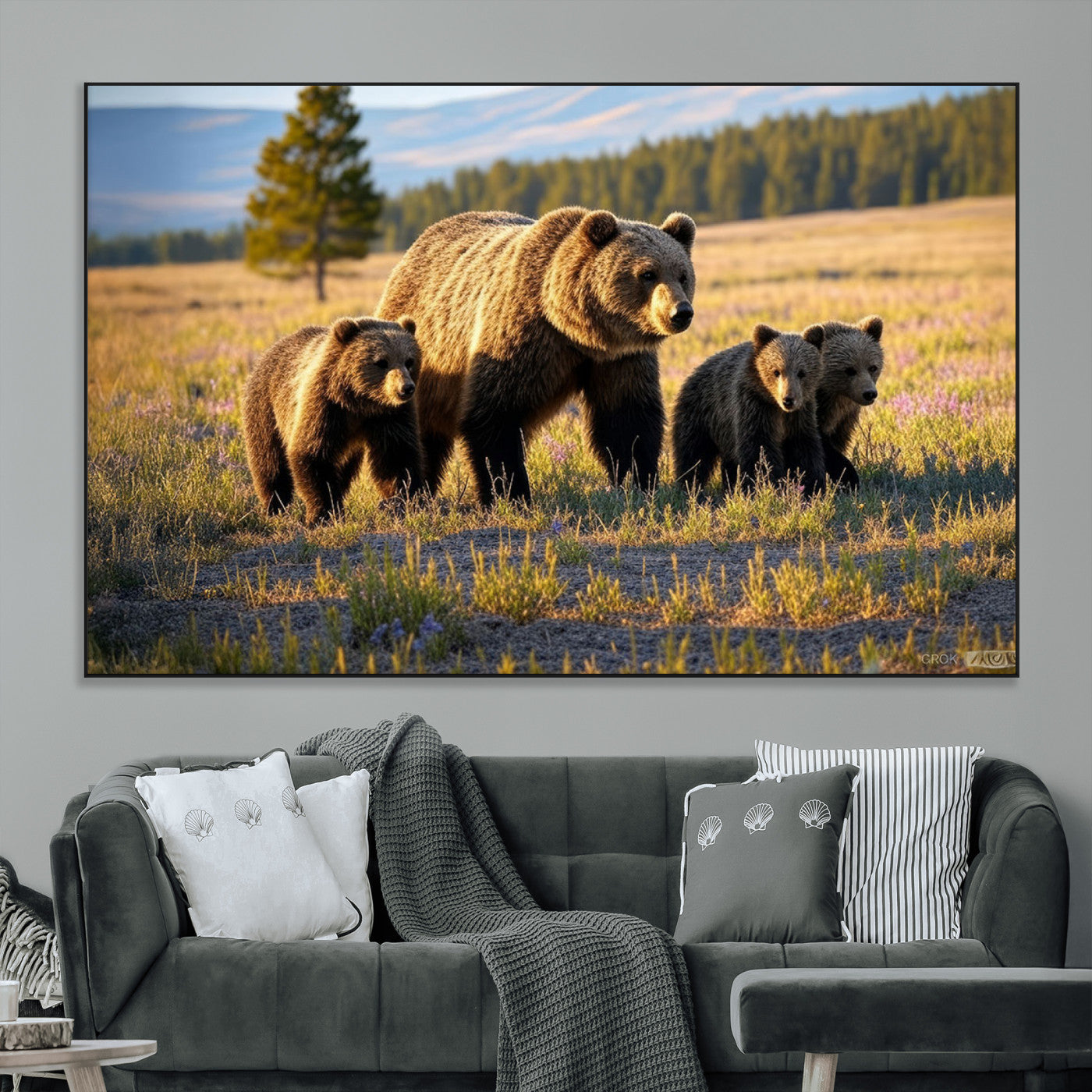 SEG-FC-51X34_Oversize - Grizzly 399 in Wild Flowers Wall Art Canvas Print, Grizzly Bears Wall Art, Queen of Grand Teton