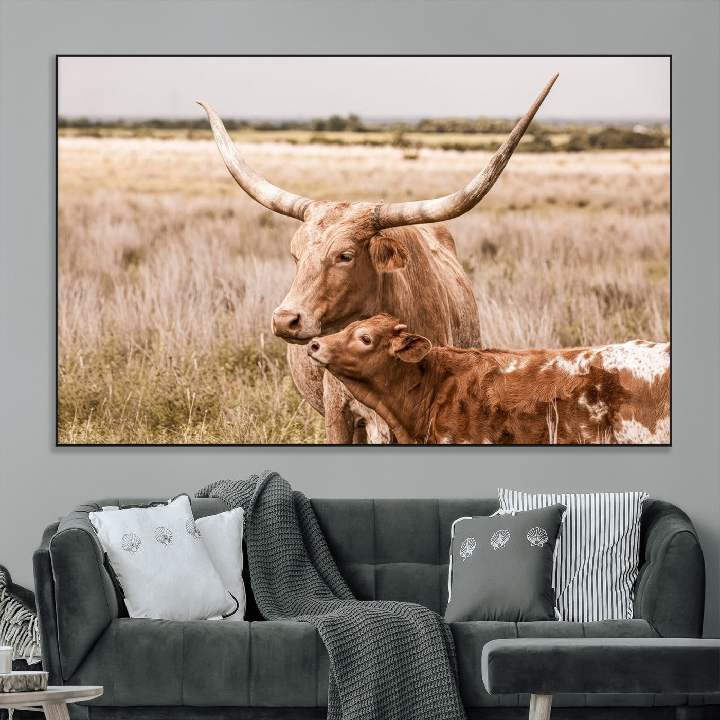 SEG-FC-51X34_Oversize - Texas Longhorn Cow Wall Art Canvas Print for Farmhouse Wall Art, Texas Decor, Western Wall Art Print