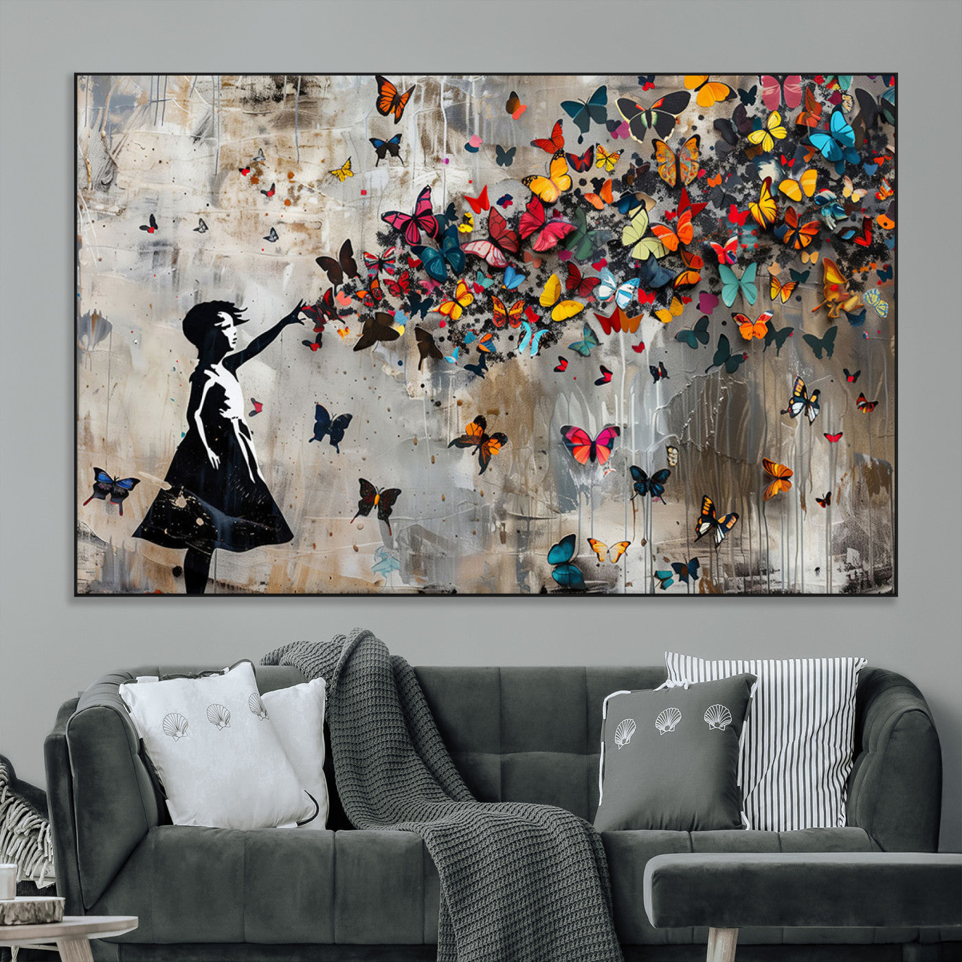 SEG-FC-51X34_Oversize - Framed Banksy Butterfly Girl Wall Art ,3-Piece Butterfly Girl Canvas, Modern Graffiti Canvas Print