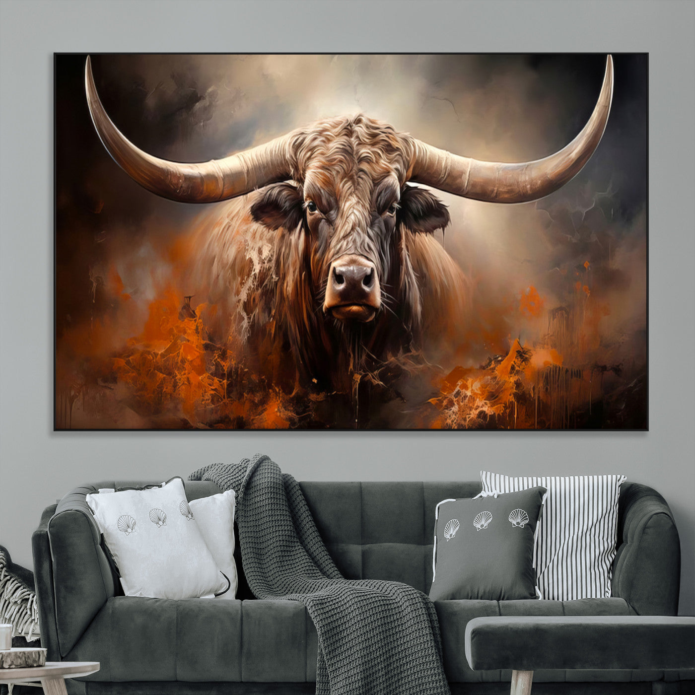 SEG-FC-51X34_Oversize - Highland Bull Canvas Abstract Canvas Wall Art Print – Powerful Highland Bull with Striking Horns in