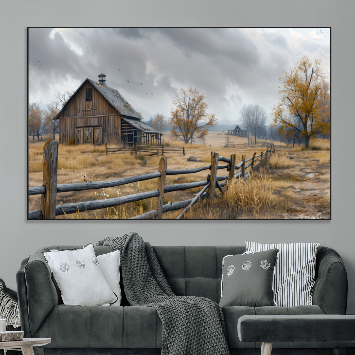 SEG-FC-51X34_Oversize - Rustic Autumn Farmhouse Wall Art Canvas Print – Serene Countryside Scene with Weathered Barn and