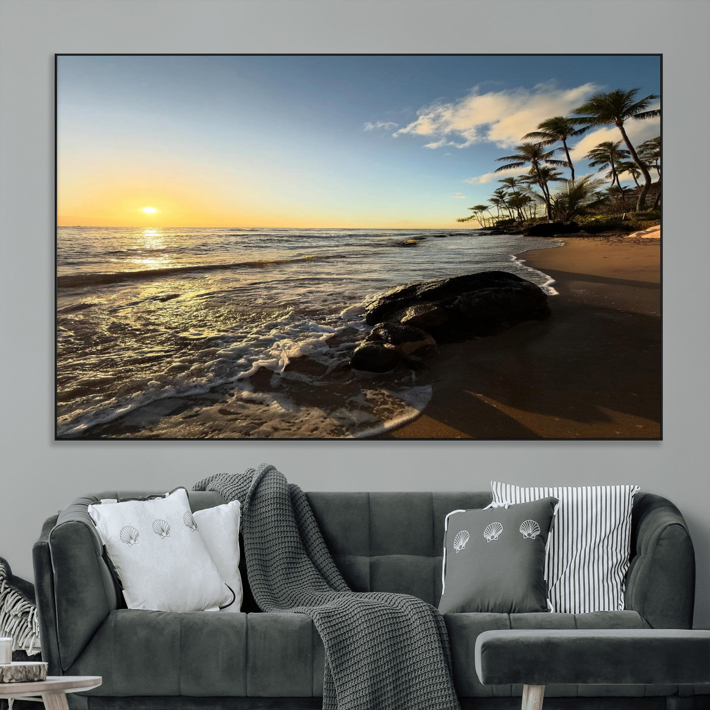SEG-FC-51X34_Oversize - Tropical Beach Wall Art - Stunning Ocean Sunset Canvas Print with Palm Tree Design for Relaxing and