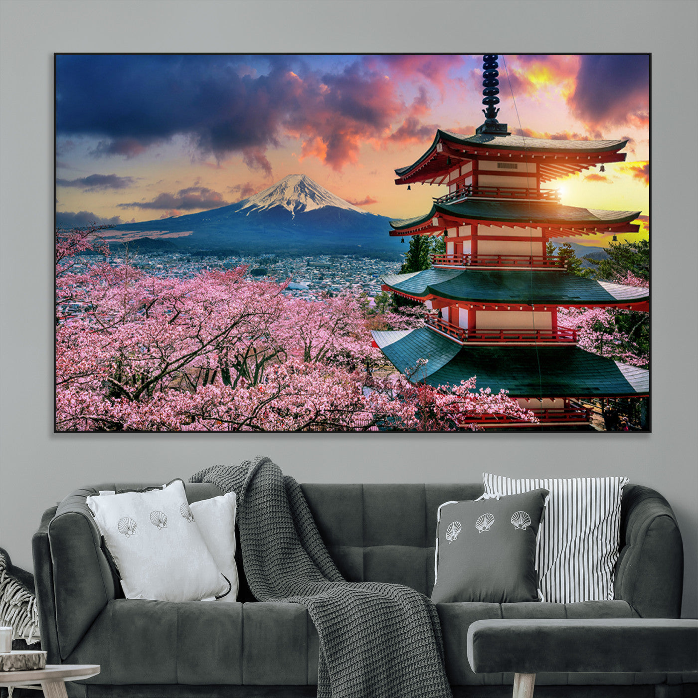 SEG-FC-51X34_Oversize - Mount Fuji & Cherry Blossom Wall Art Canvas Print – Iconic Japanese Landscape, Sakura Pagoda Sunset,
