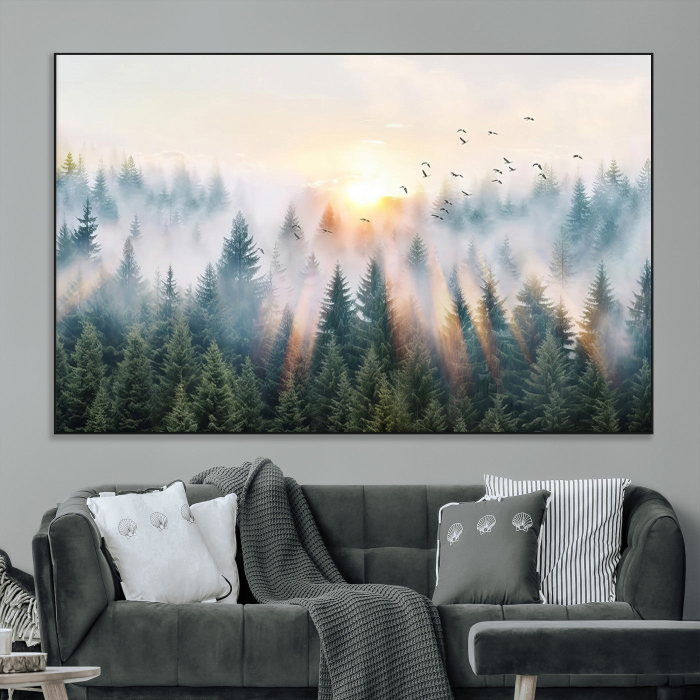 SEG-FC-51X34_Oversize - Misty Pine Forest Wall Art Canvas, Sunrise Over Foggy Trees Canvas for Home - Office, Framed