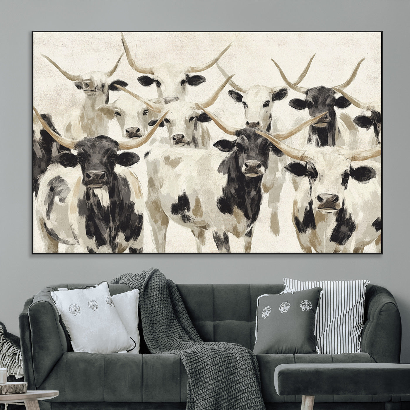 SEG-FC-51X34_Oversize - Longhorn Texas Cow Drawing Abstract Wall Art Canvas Print for Farmhouse Decor, Texas Bull Printing