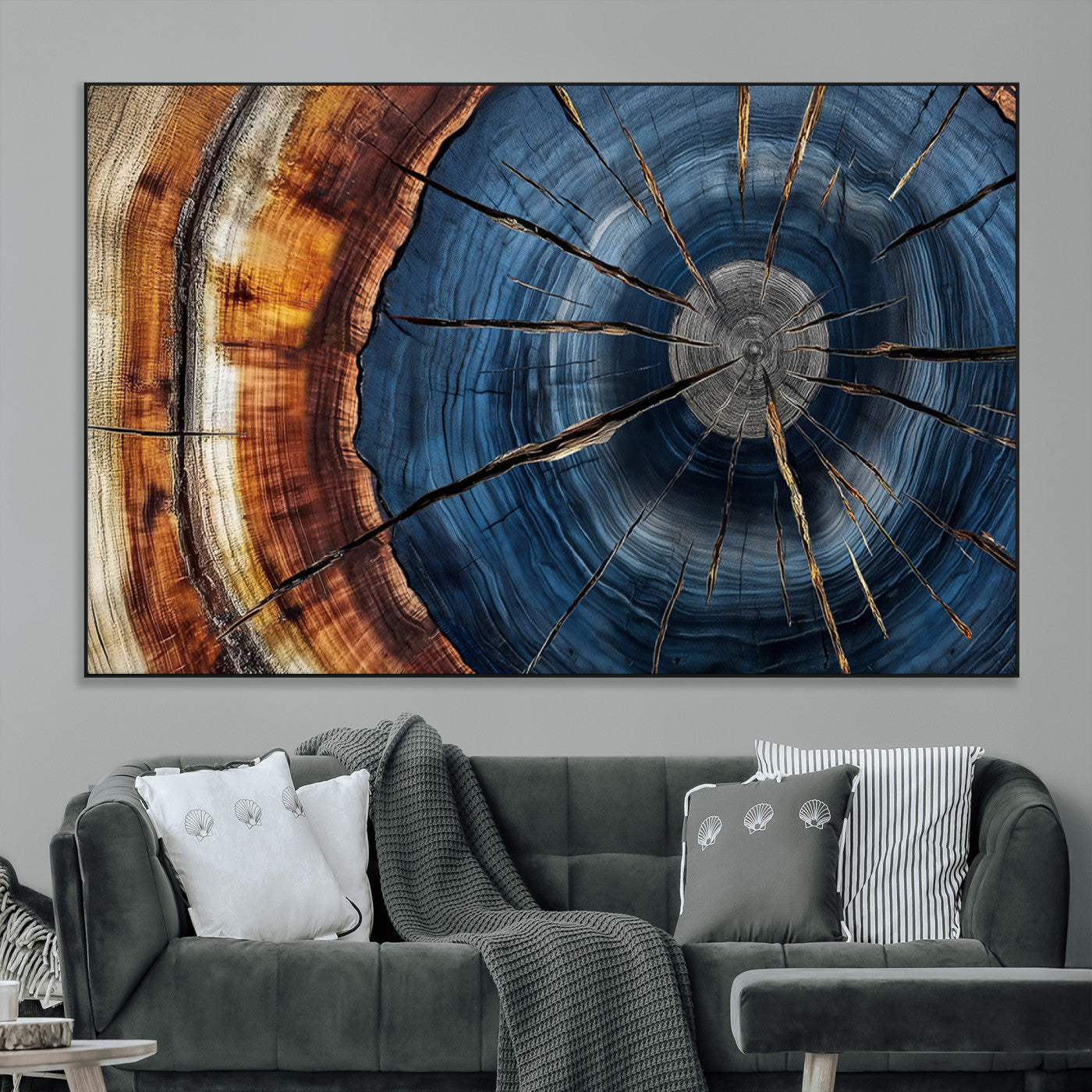 SEG-FC-51X34_Oversize - Framed Abstract Tree Ring Wall Art Print, Natural Rustic Wood Texture Canvas Print, Wood Tree Stump