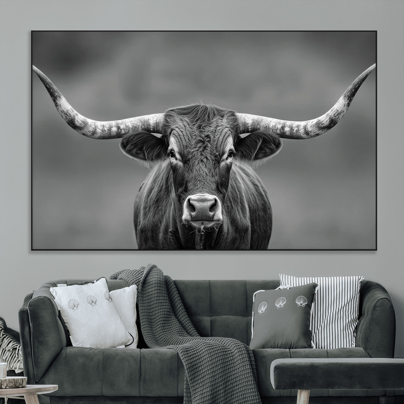 SEG-FC-51X34_Oversize - Framed Texas Longhorn Bull Art Canvas Print, Western Bull Wall Art Print, Long Horn Bull Photo Print
