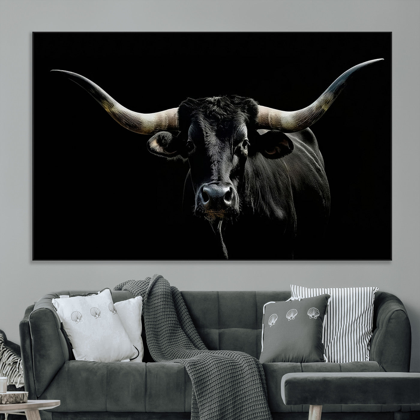 SEG-FC-51X34_Oversize - Texas Black Bull Wall Art Print, Longhorn Bull Canvas Wall Art