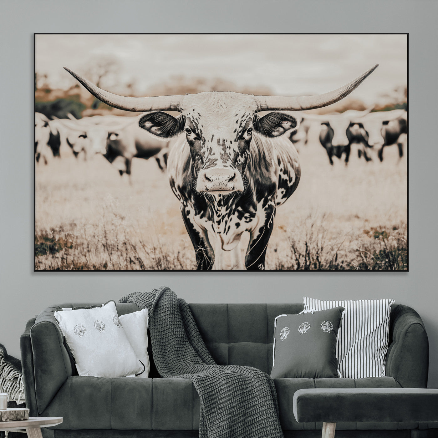 SEG-FC-51X34_Oversize - Texas Longhorn Wall Art Canvas Print, Framed Speckled Cow Art Picture Print, Horned Cattle Perfect Rustic Western Decor Artwork