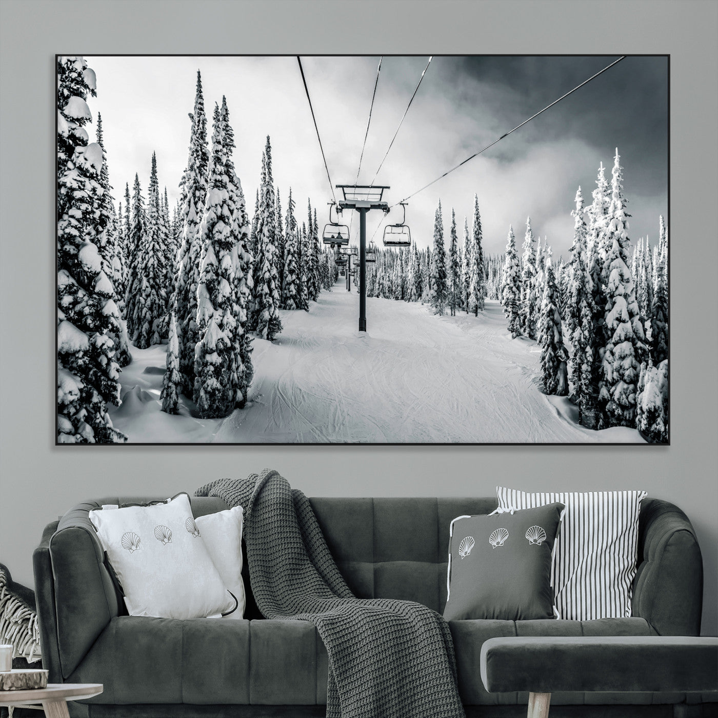 SEG-FC-51X34_Oversize - Snowy Pines Wall Art Canvas Print, Framed Ski Lift Art Picture Print, Winter Forest Perfect Moody Lodge Decor Artwork