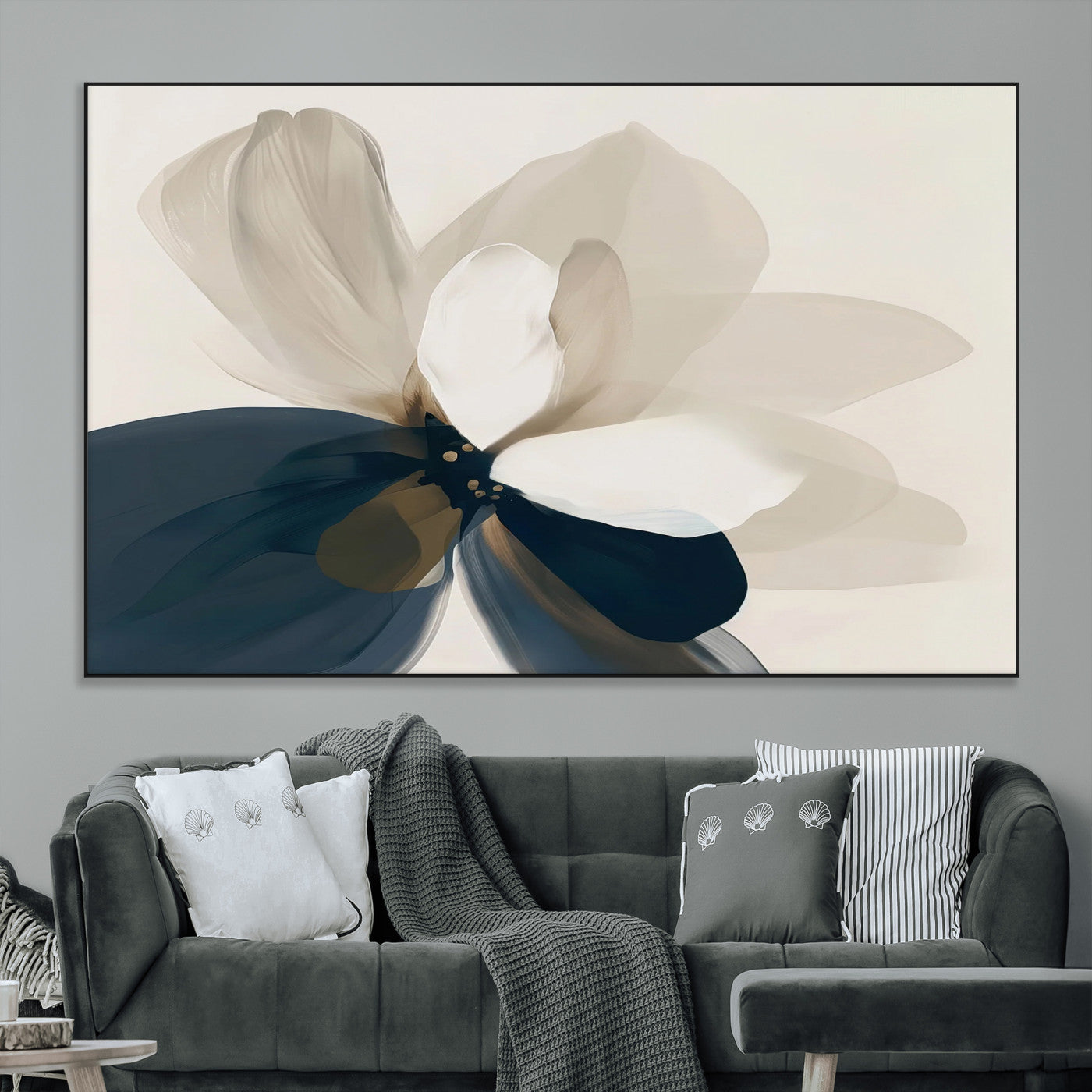 SEG-FC-51X34_Oversize - Minimal Flower Wall Art Canvas Print, Framed Flower Drawing Art Picture Print, Beige Bloom Perfect Modern Botanical Decor Artwork