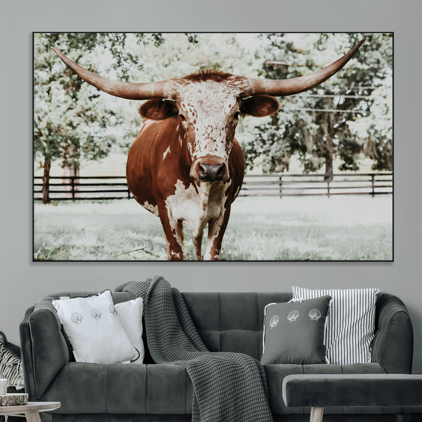 SEG-FC-51X34_Oversize - Texas Longhorn Wall Art Canvas Print, Framed Spotted Cow Art Picture Print, Horned Cattle Perfect Rustic Western Decor Artwork