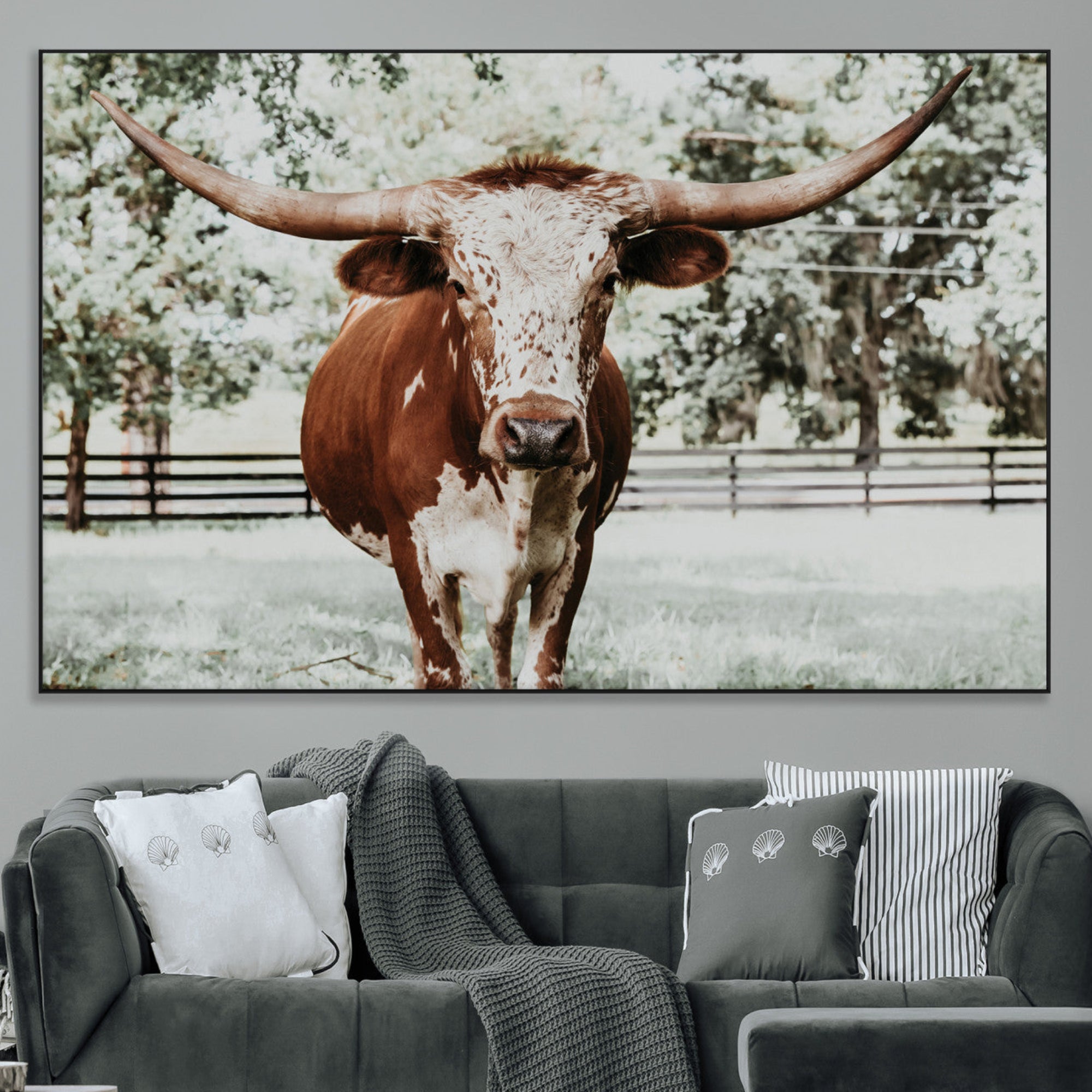 -Texas Longhorn Wall Art Canvas Print, Framed Spotted Cow Art Picture Print, Horned Cattle Perfect Rustic Western Decor Artwork