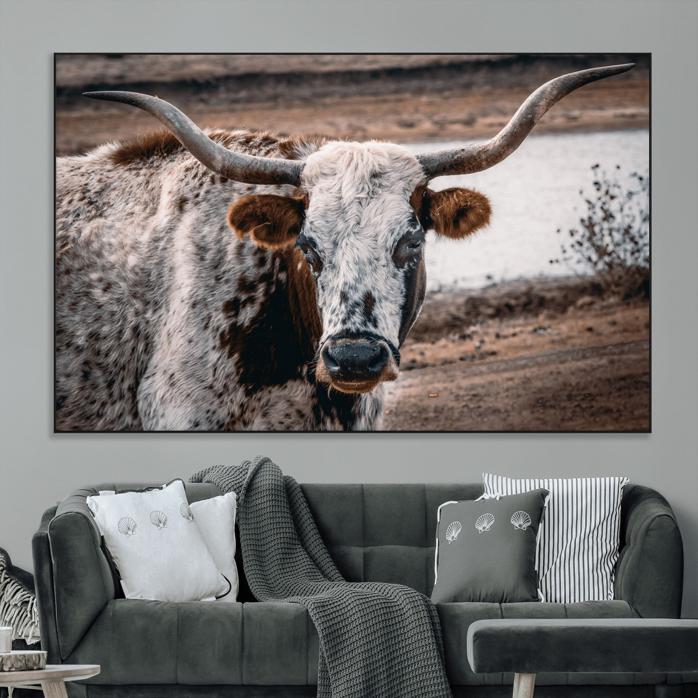 SEG-FC-51X34_Oversize - Texas Longhorn Wall Art Canvas Print, Framed Spotted Cow Art Picture Print, Horned Cattle Perfect Rustic Western Decor Artwork