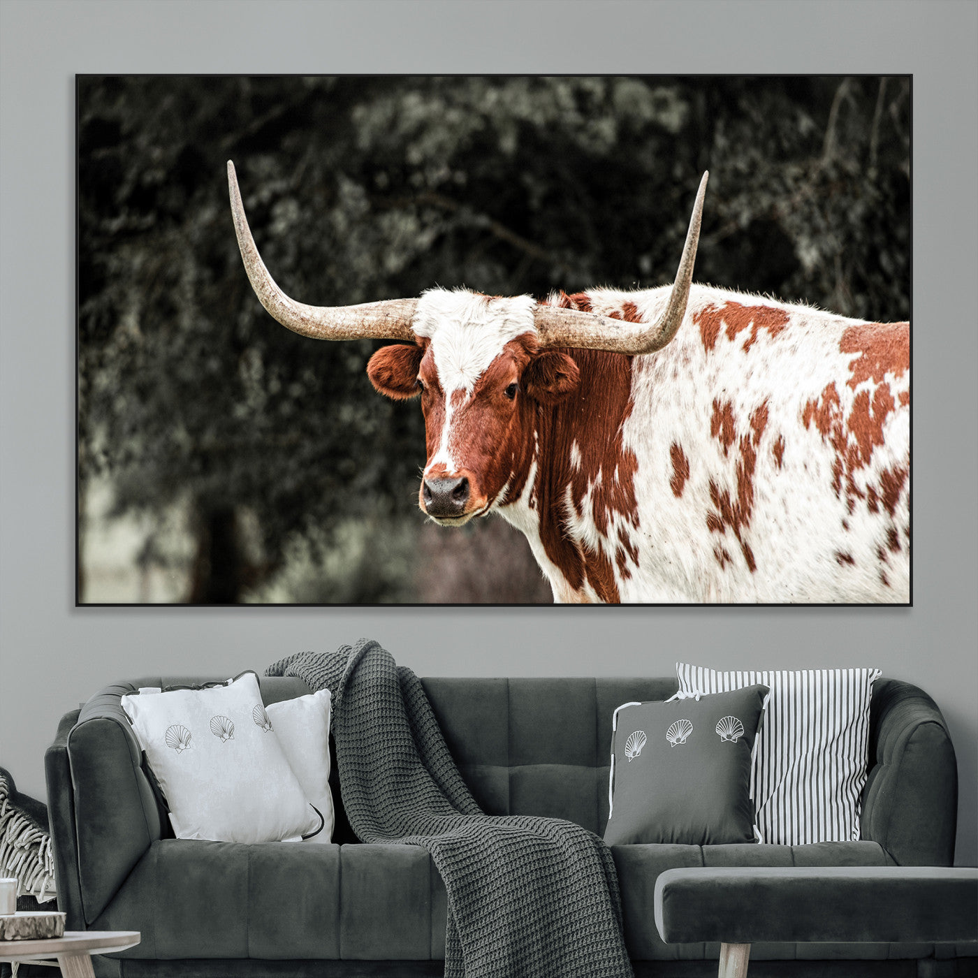 SEG-FC-51X34_Oversize - Texas Longhorn Wall Art Canvas Print, Framed Spotted Cow Art Picture Print, Horned Bull Perfect Rustic Western Decor Artwork