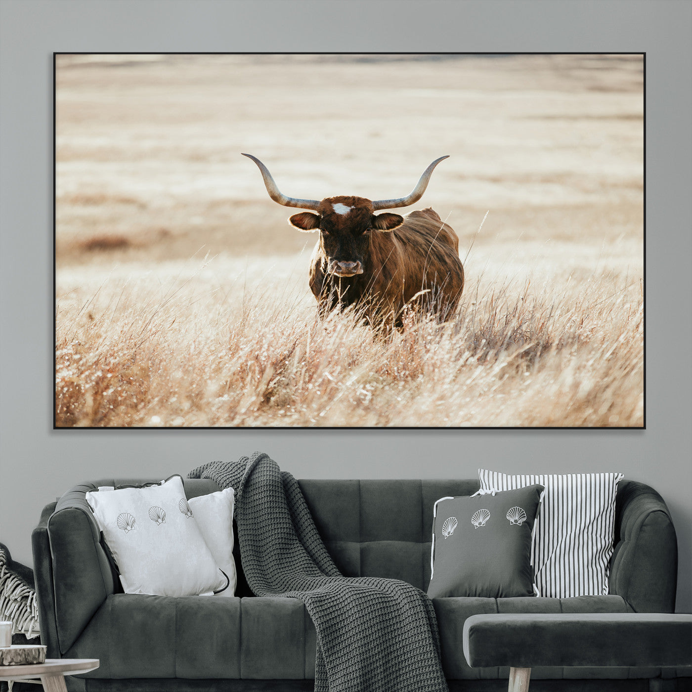 SEG-FC-51X34_Oversize - Texas Longhorn Wall Art Canvas Print, Framed Brown Cattle Art Picture Print, Horned Bull Perfect Rustic Western Decor Artwork