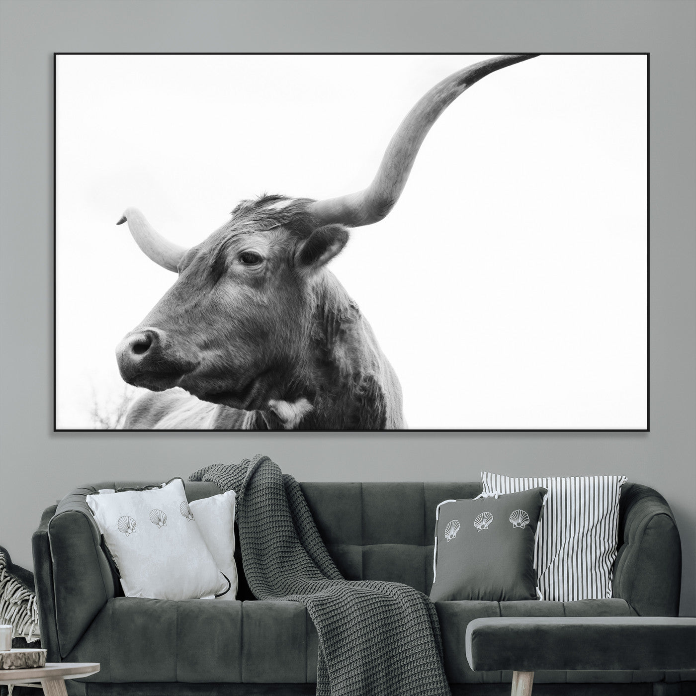 SEG-FC-51X34_Oversize - Longhorn Wall Art Wall Art Canvas Print, Framed Modern Ranch Style Art Art Picture Print, Monochrome Cow Print Perfect Rustic Western Decor Artwork