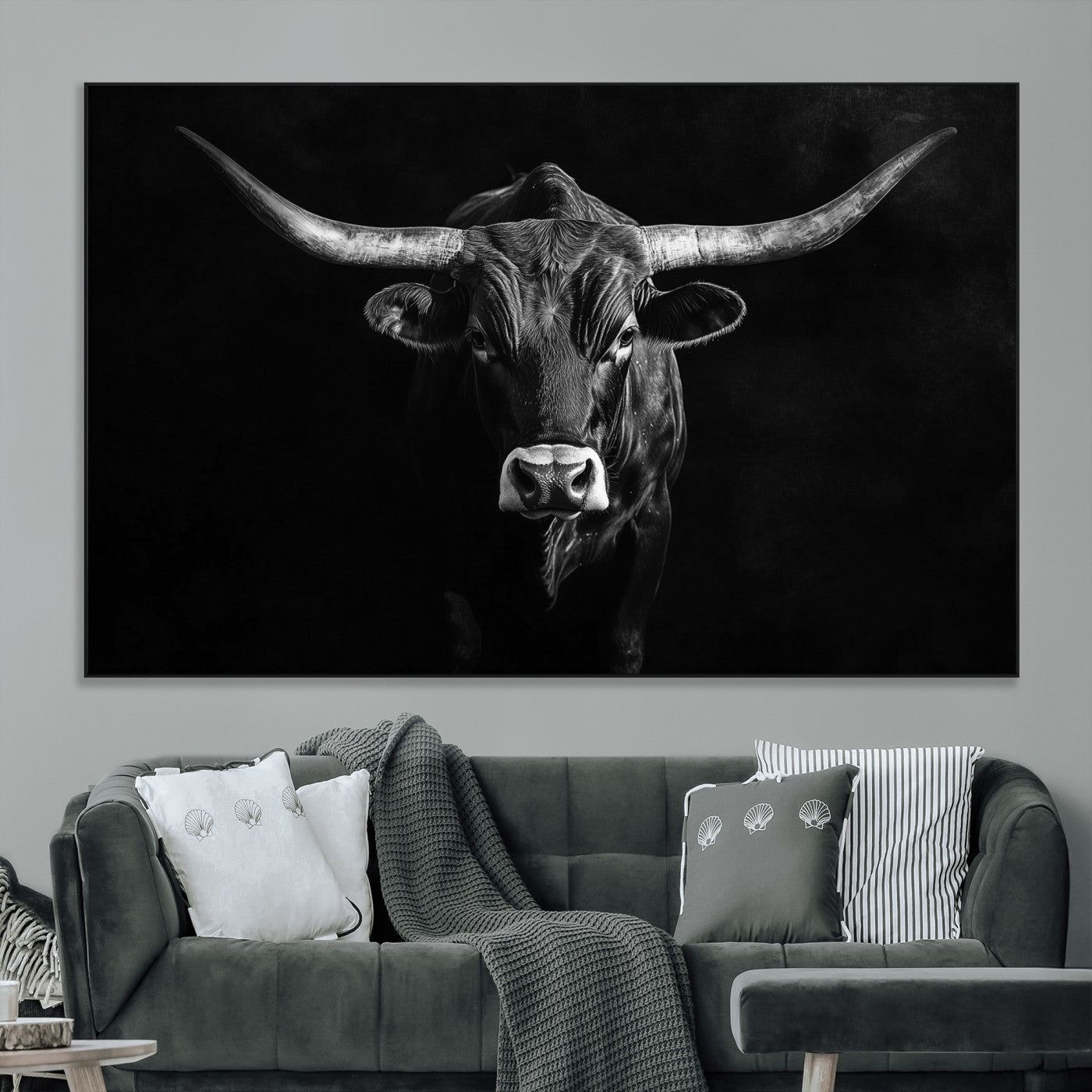 SEG-FC-51X34_Oversize - Texas Longhorn Wall Art Canvas Print, Framed Monochrome Bull Art Picture Print, Horned Bull Perfect Rustic Western Decor Artwork