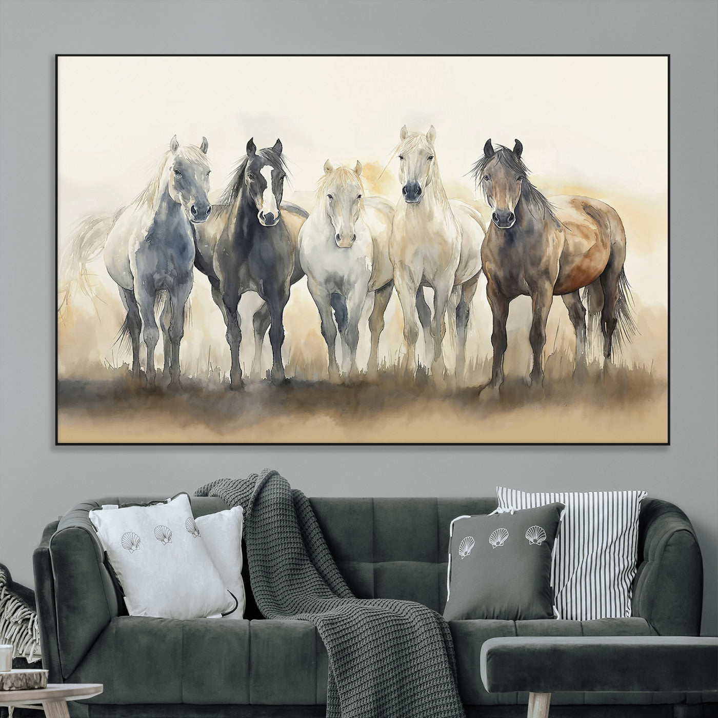 SEG-FC-51X34_Oversize - Wild Horses Wall Art Canvas Print, Framed Running Horses Art Picture Print, Watercolor Horses Perfect Rustic Western Decor Artwork