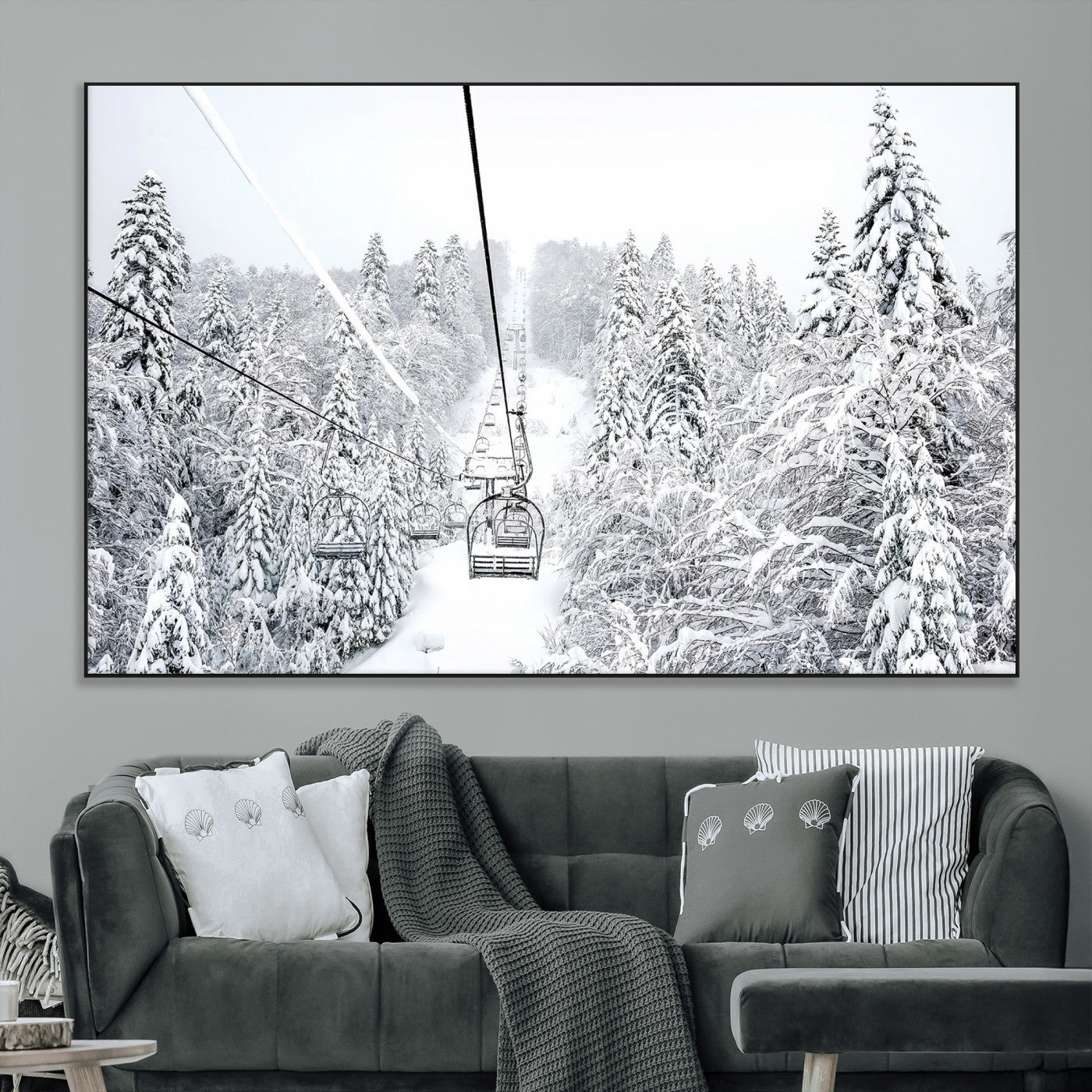 SEG-FC-51X34_Oversize - Snowy Mountains Wall Art Canvas Print, Framed Ski Lift Art Picture Print, Winter Forest Perfect