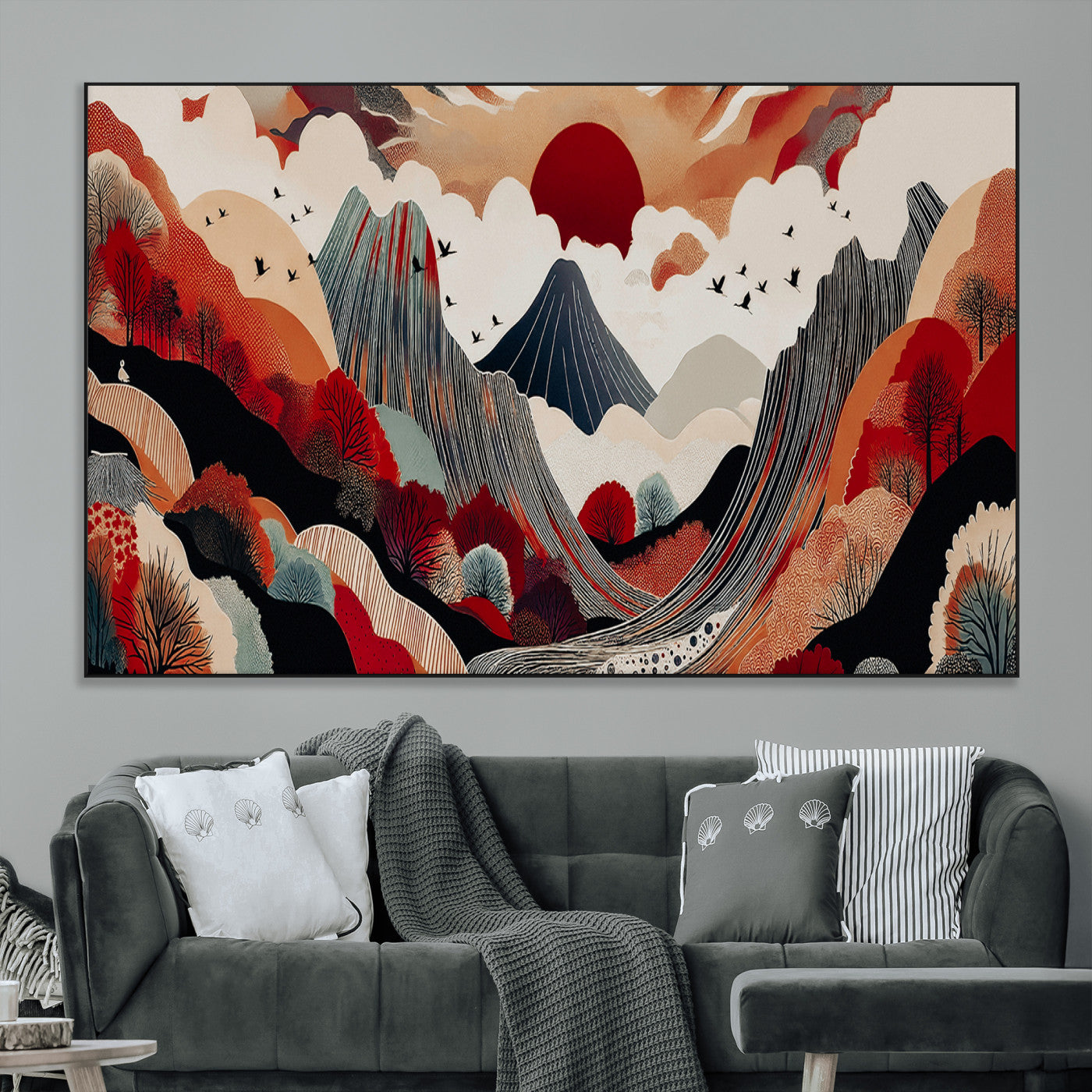 SEG-FC-51X34_Oversize - Abstract Mountain Wall Art Canvas Print, Framed Vibrant Landscape Art Picture Print, Stylized Nature Drawing Perfect Contemporary Minimalist Decor Artwork
