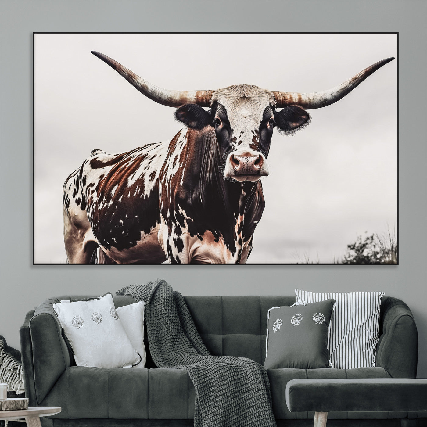 SEG-FC-51X34_Oversize - Texas Longhorn Wall Art Canvas Print, Framed Spotted Bull Art Picture Print, Horned Cattle Perfect Rustic Farmhouse Decor Artwork