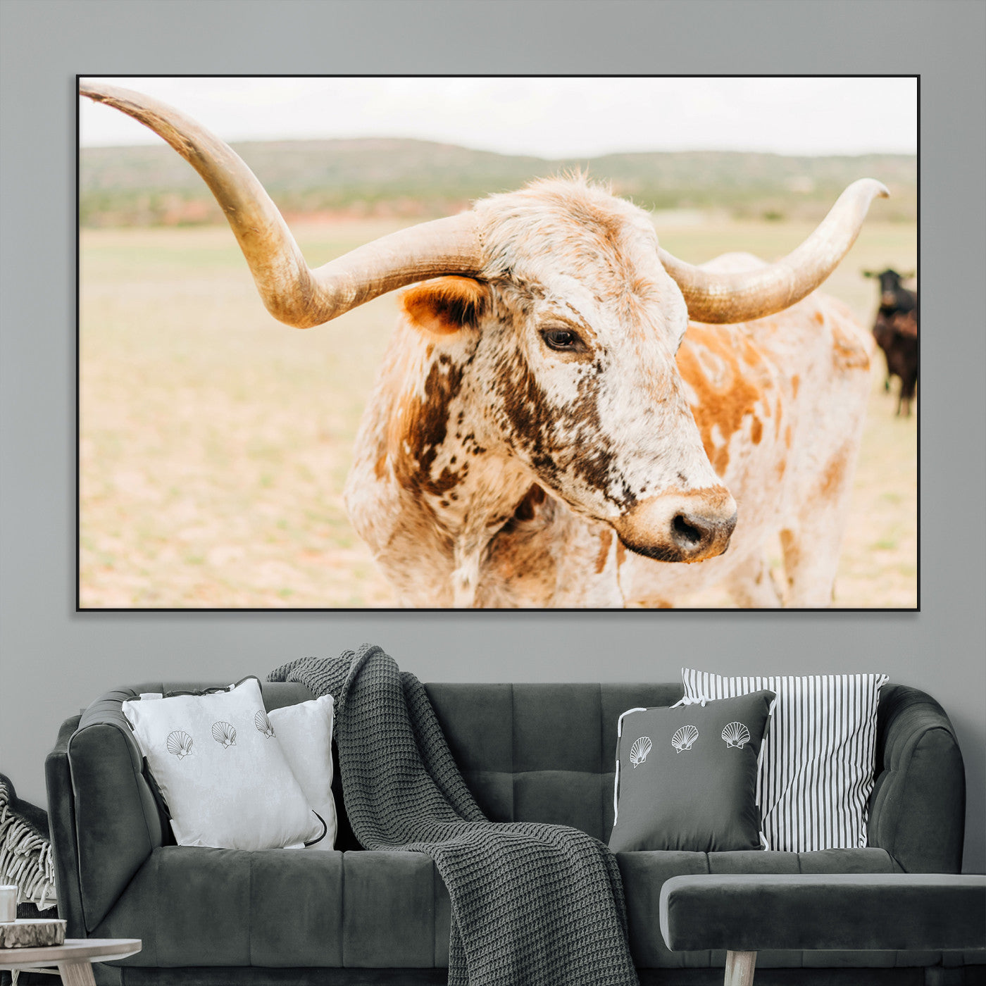 SEG-FC-51X34_Oversize - Texas Longhorn Wall Art Canvas Print, Framed Speckled Cow Art Picture Print, Rustic Bull Perfect Rustic Western Decor Artwork