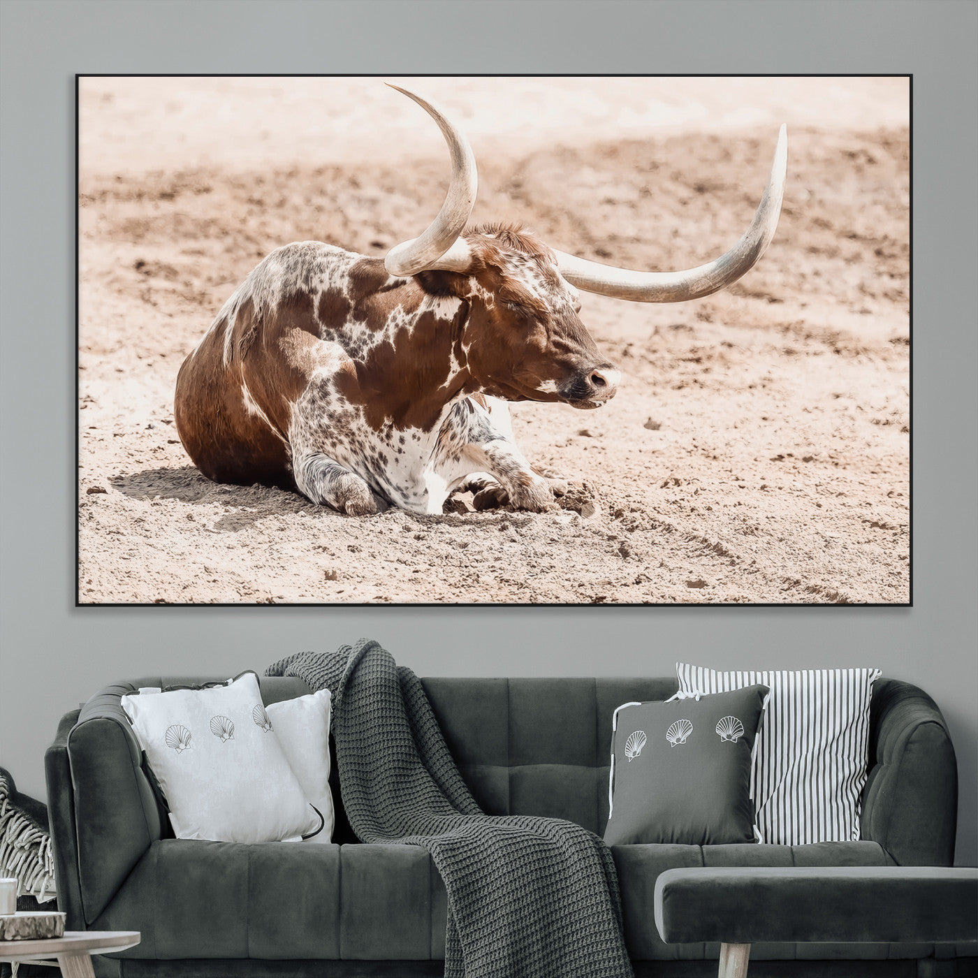 SEG-FC-51X34_Oversize - Texas Longhorn Wall Art Canvas Print, Framed Resting Bull Art Picture Print, Spotted Cattle Perfect Rustic Western Decor Artwork