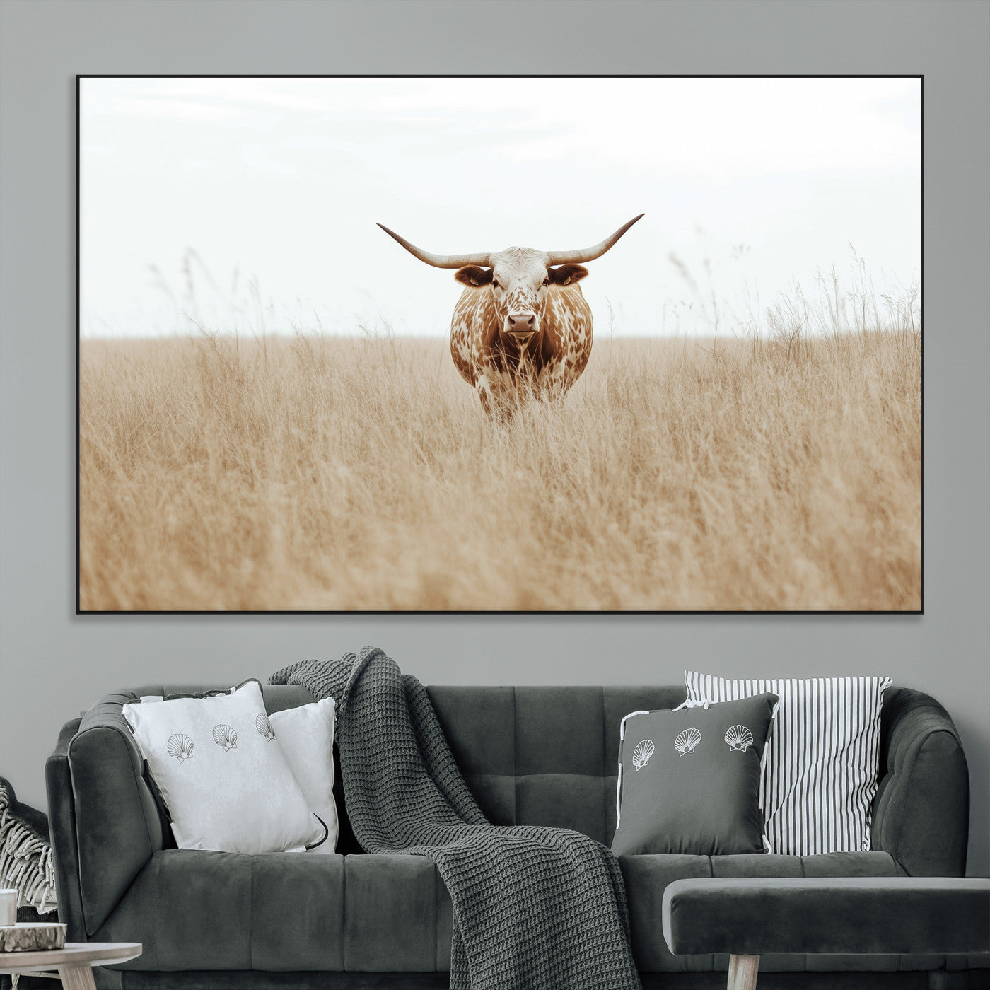 SEG-FC-51X34_Oversize - Texas Longhorn Wall Art Canvas Print, Framed Lone Cattle Art Picture Print, Longhorn Bull Perfect Rustic Western Decor Artwork
