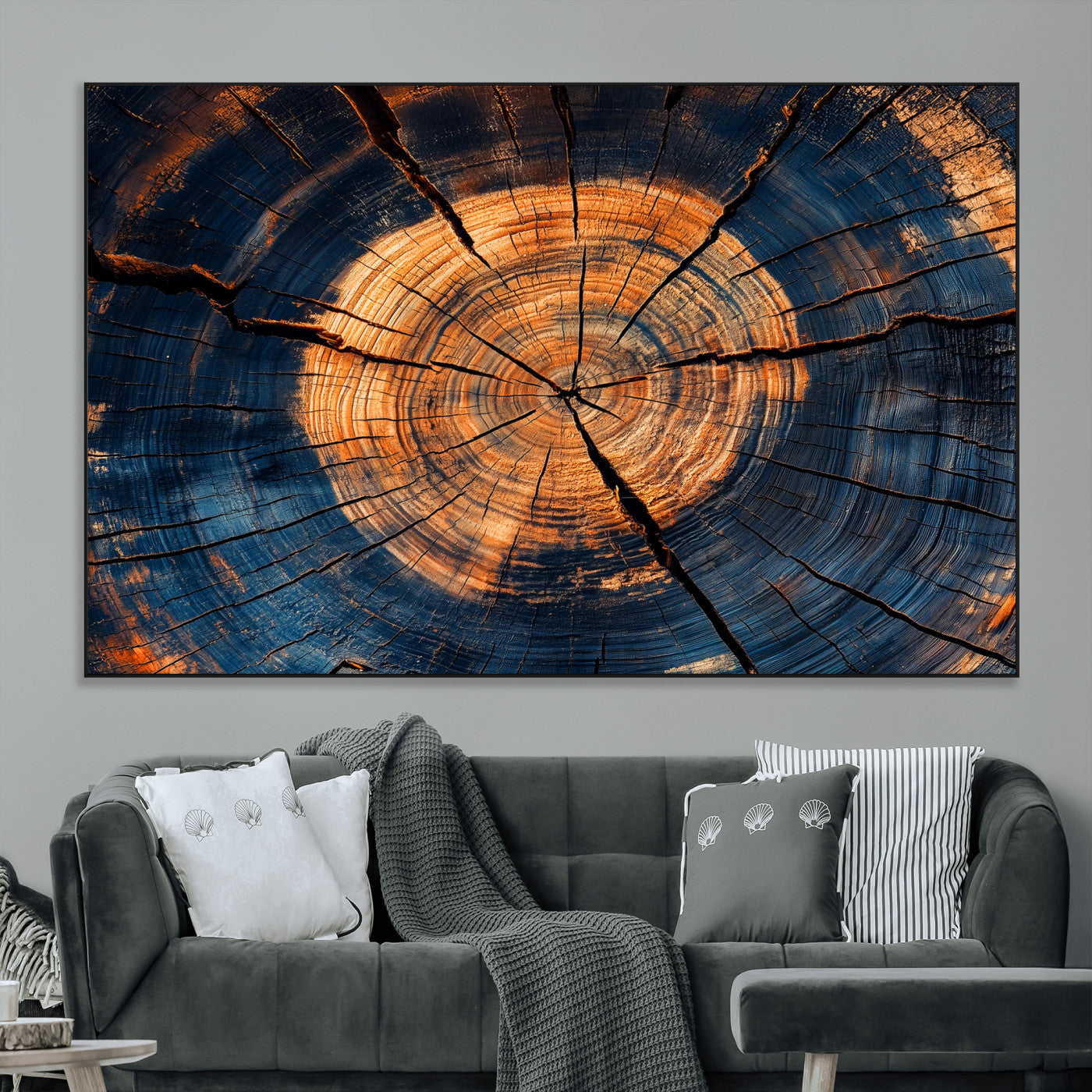 SEG-FC-51X34_Oversize - Burnt Wood Wall Art Canvas Print, Framed Aged Timber Art Picture Print, Rustic Tree Slice Perfect Rustic Decor Artwork